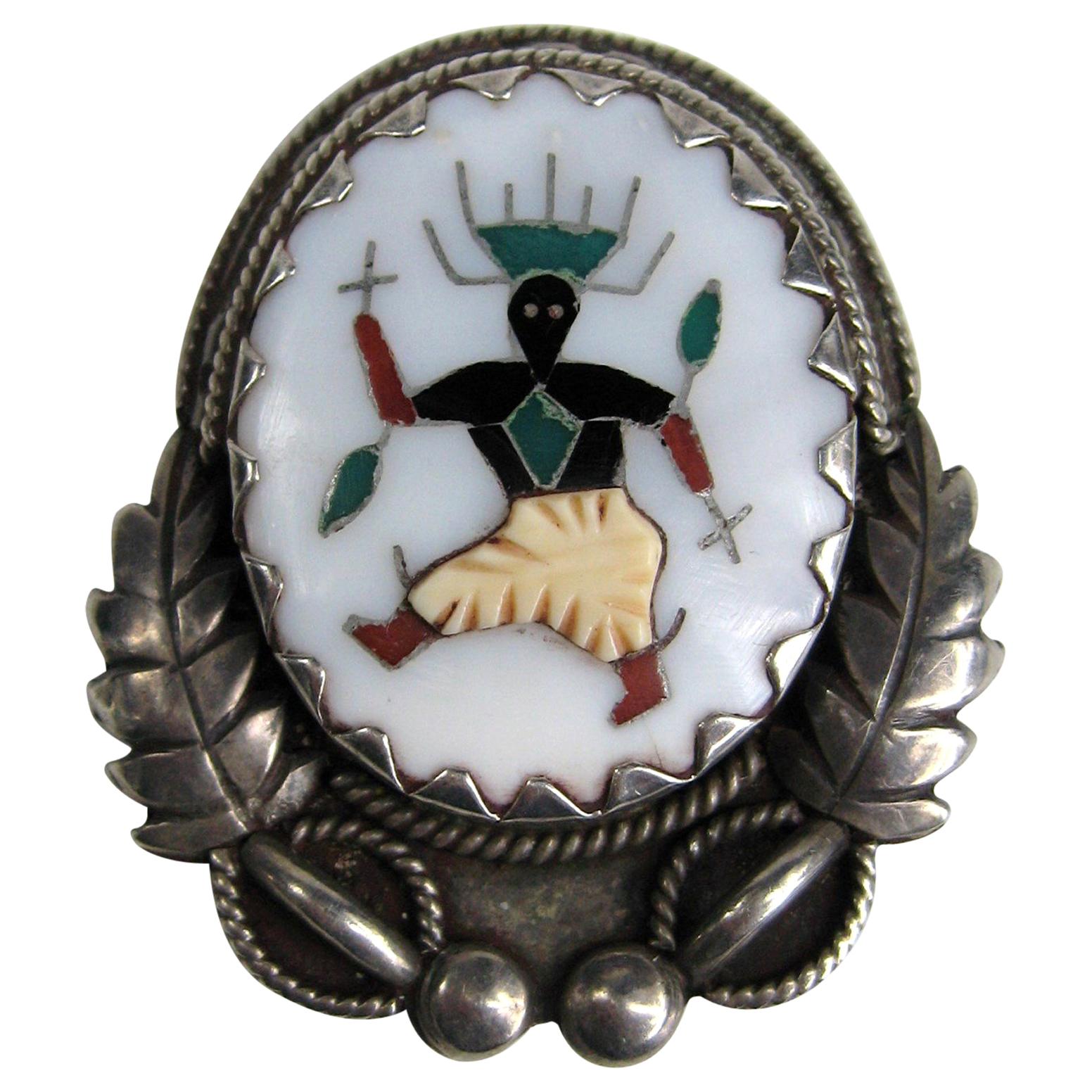  Brosche / Anhänger aus Sterlingsilber mit Perlen-Intarsien - Native American Zuni L.H. Lonjos