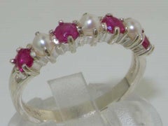Sterling Silver Pearl & Ruby Womens Half Eternity Ring, Customizable