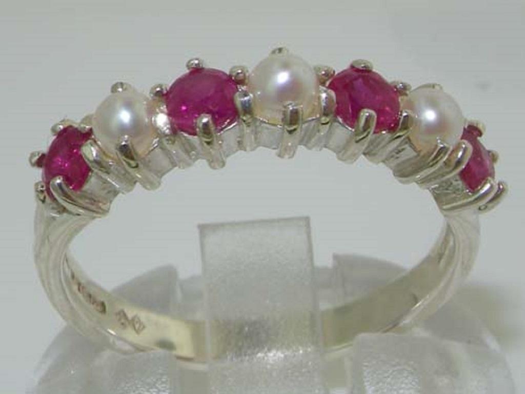 For Sale:  Sterling Silver Pearl & Ruby Womens Half Eternity Ring, Customizable 3