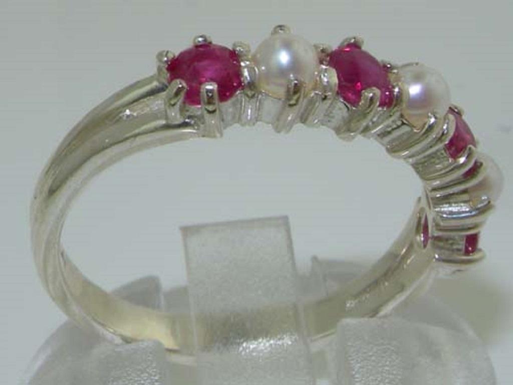 For Sale:  Sterling Silver Pearl & Ruby Womens Half Eternity Ring, Customizable 4