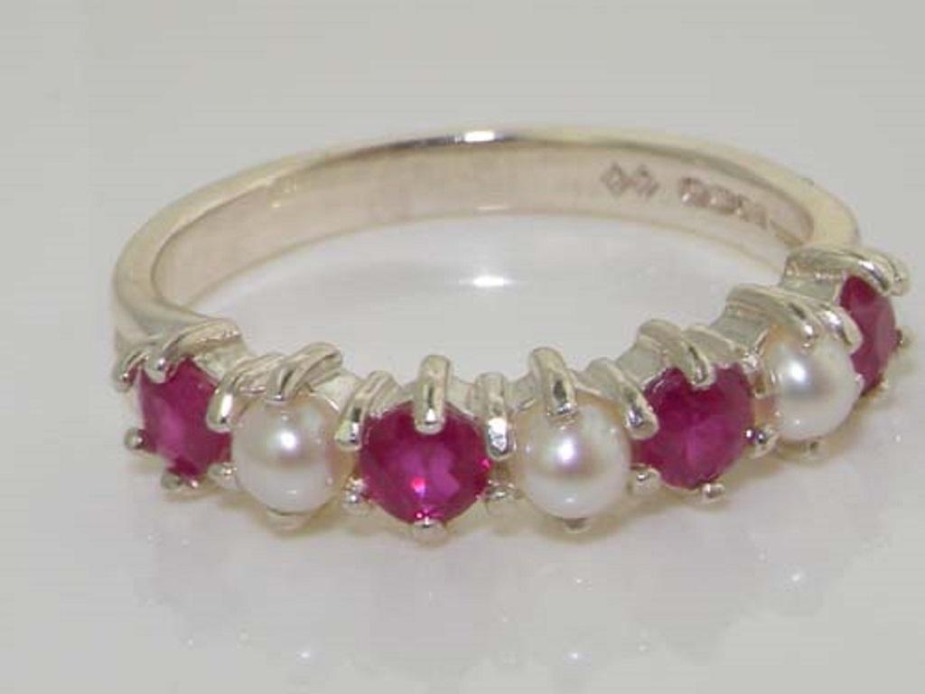 For Sale:  Sterling Silver Pearl & Ruby Womens Half Eternity Ring, Customizable 6