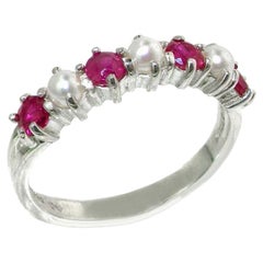 Sterling Silver Pearl & Ruby Womens Half Eternity Ring, Customizable