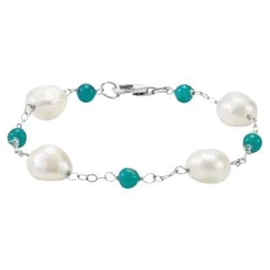 Sterling Silver Pearl & Turquoise Bead Bracelet For Sale