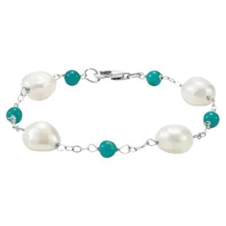 Sterling Silver Pearl and Turquoise Bead Bracelet For Sale at 1stDibs