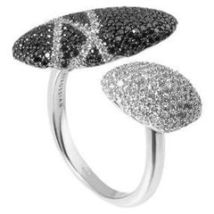 Sterling Silver Pebble Black Diamond Ring with White Diamonds