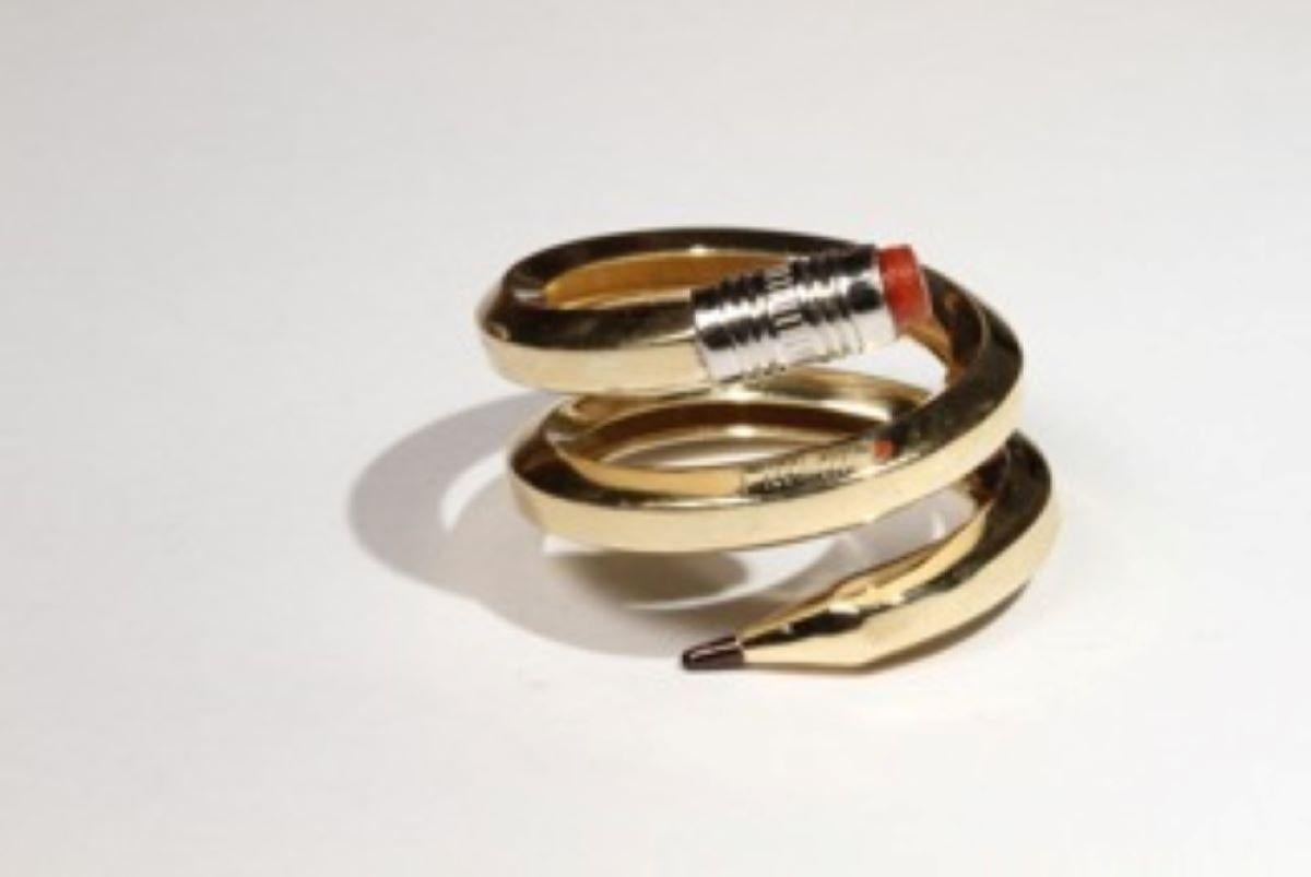 Sterling Silver Pencil Ring 18k Yellow Gold Eraser Holder and Garnet Eraser In New Condition For Sale In New York, NY