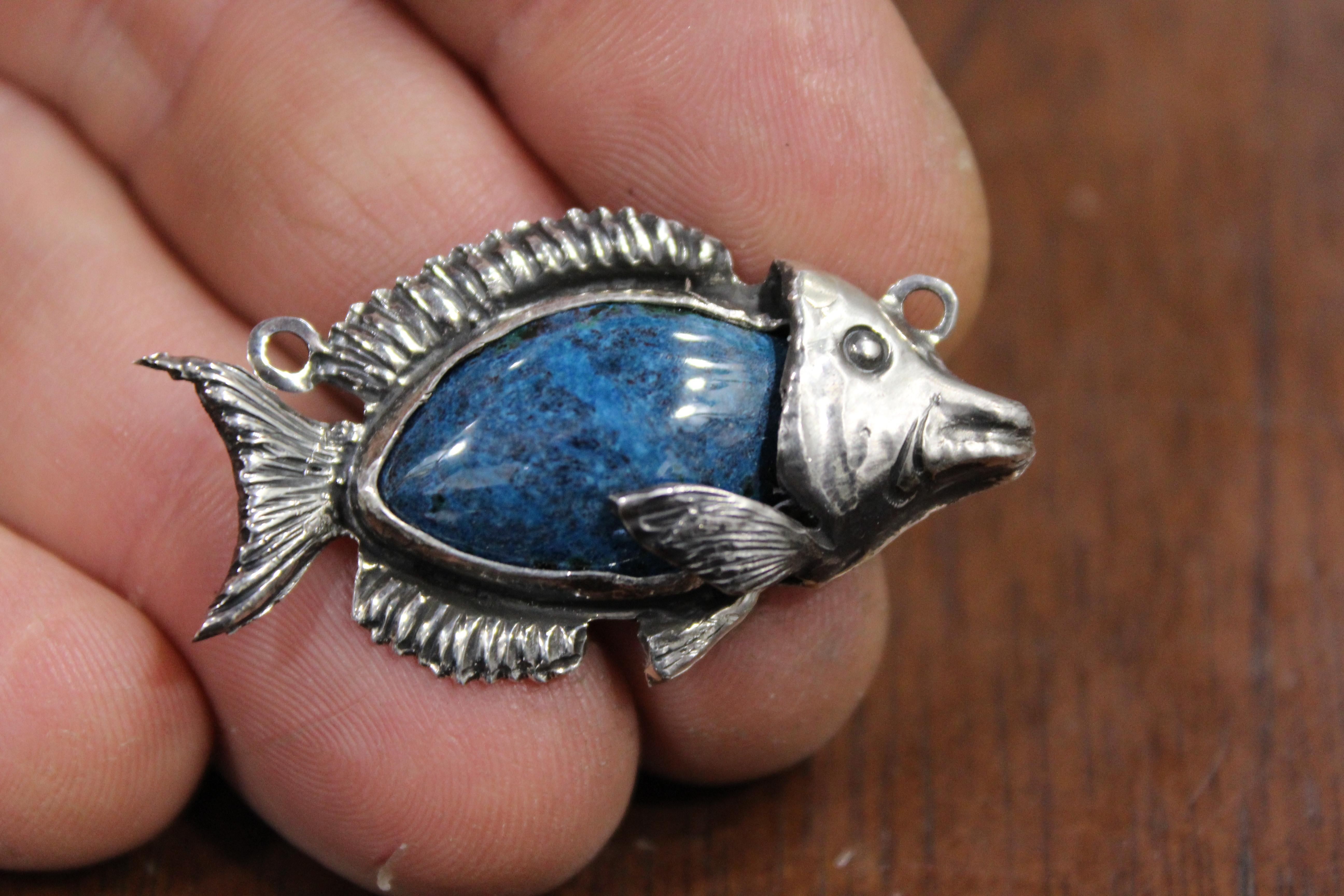 Blue Fish, Pendant, Sterling Silver, Handmade, Italy In New Condition For Sale In Firenze, IT
