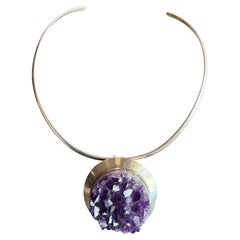 Sterling Silver Pendant / Brooch raw Amethyst , designed by Helge Brutalist