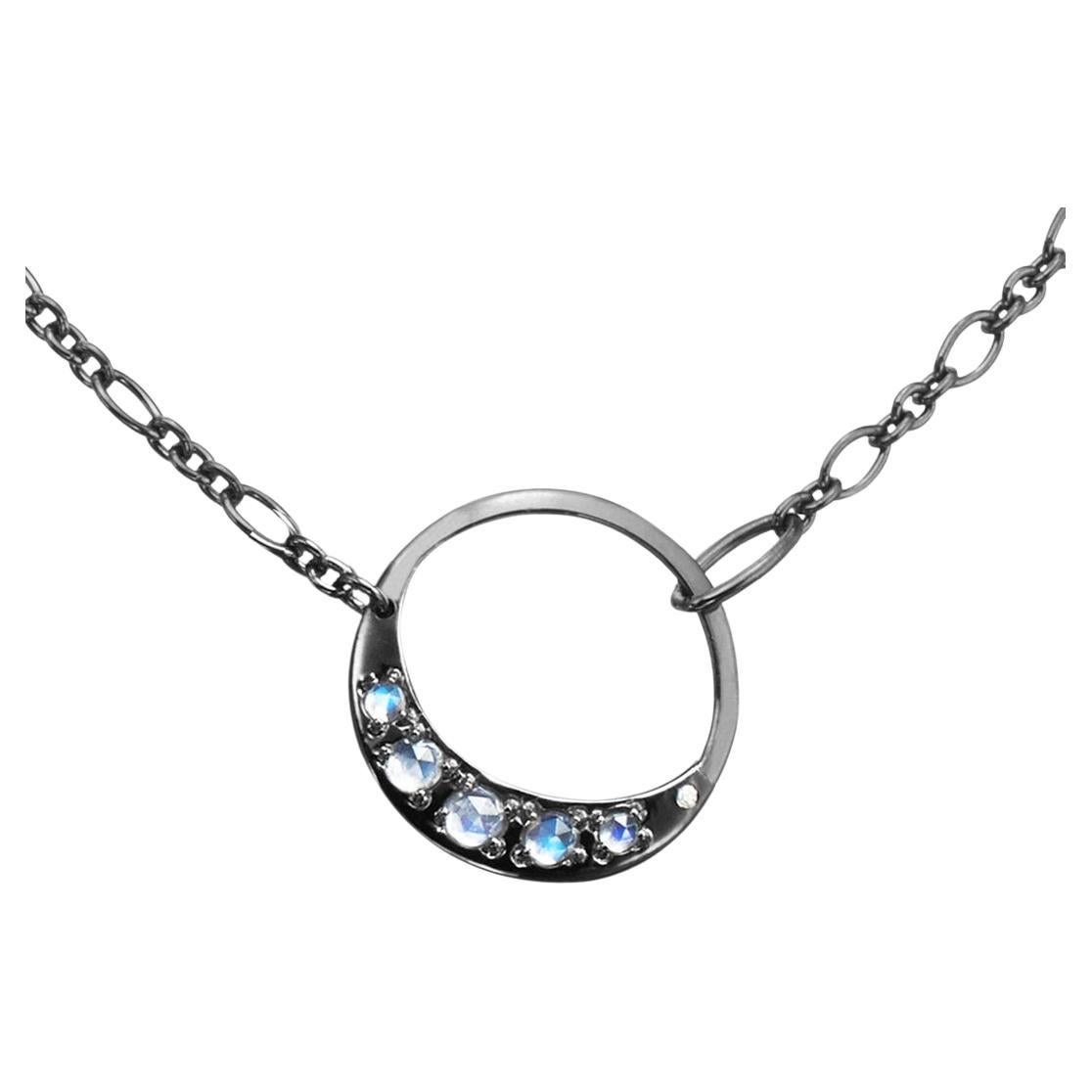 Sterling Silver Pendant Moon Necklace with Blue Moonstone and Diamond accent For Sale