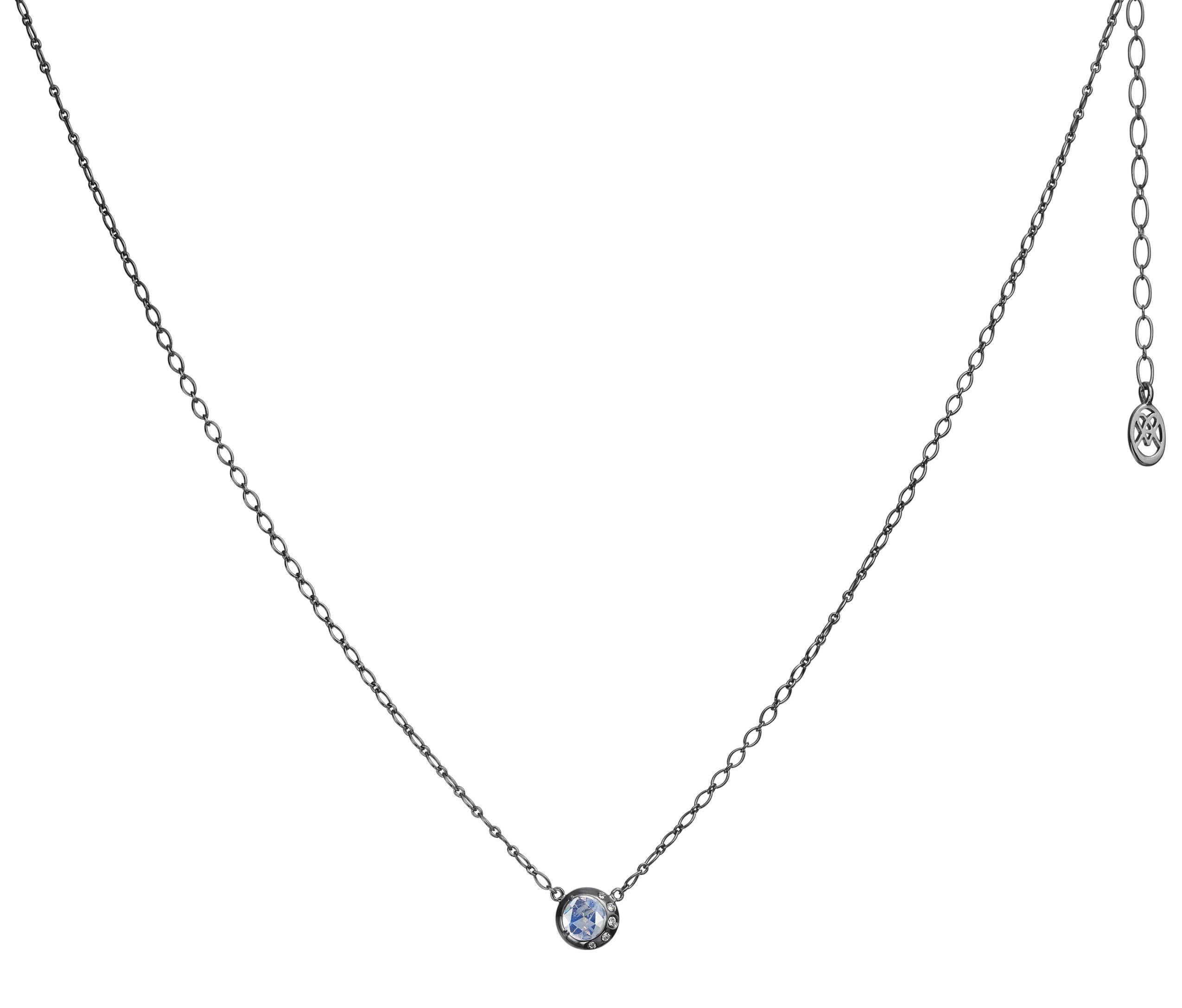 Sterling Silver Pendant Necklace with Round Rose Cut Moonstone and Diamonds In New Condition For Sale In Weehawken, NJ