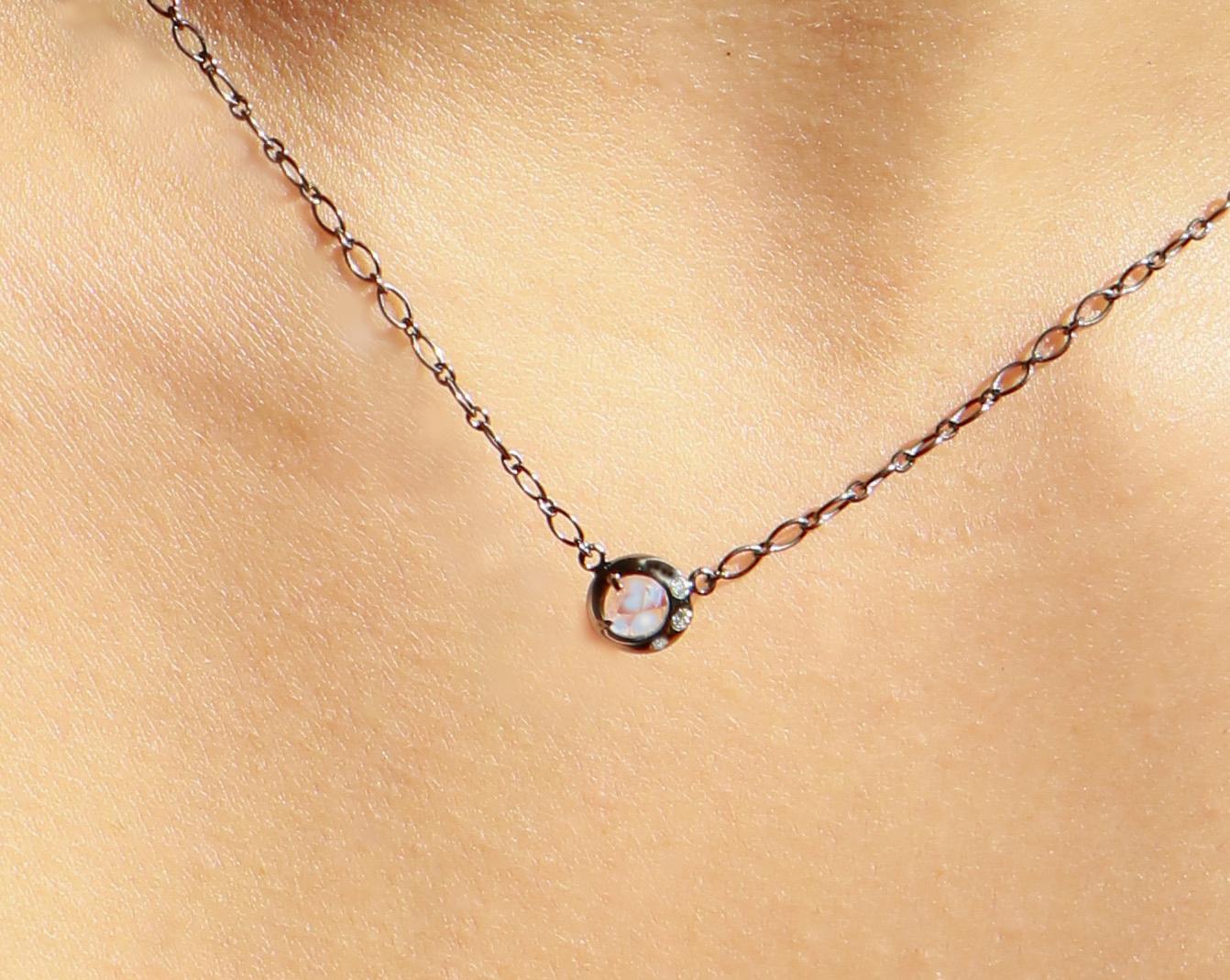 Women's or Men's Sterling Silver Pendant Necklace with Round Rose Cut Moonstone and Diamonds For Sale