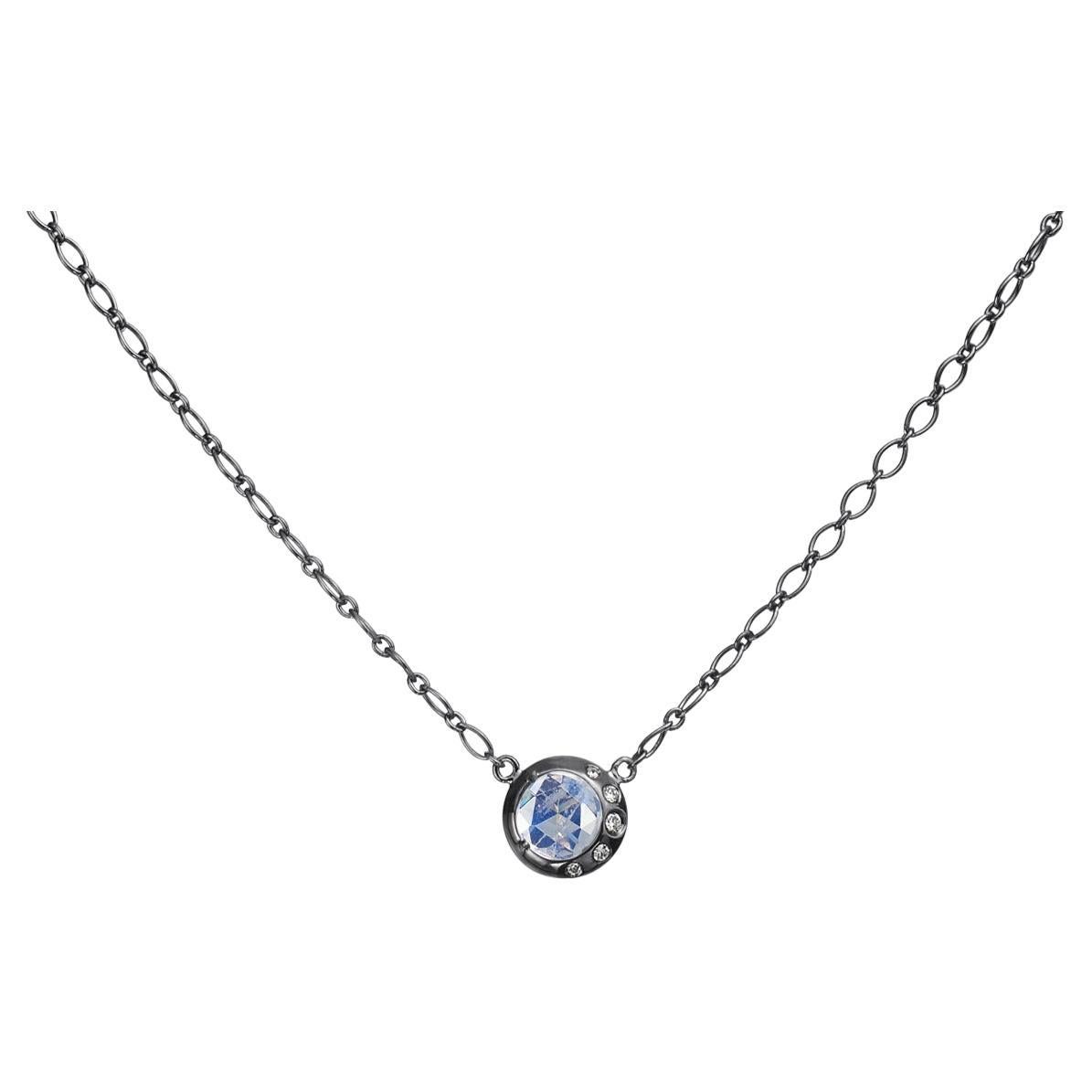 Sterling Silver Pendant Necklace with Round Rose Cut Moonstone and Diamonds For Sale