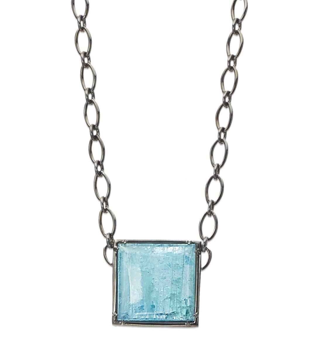 Women's Sterling Silver Pendant Necklace with Square Aquamarine Cabochon For Sale