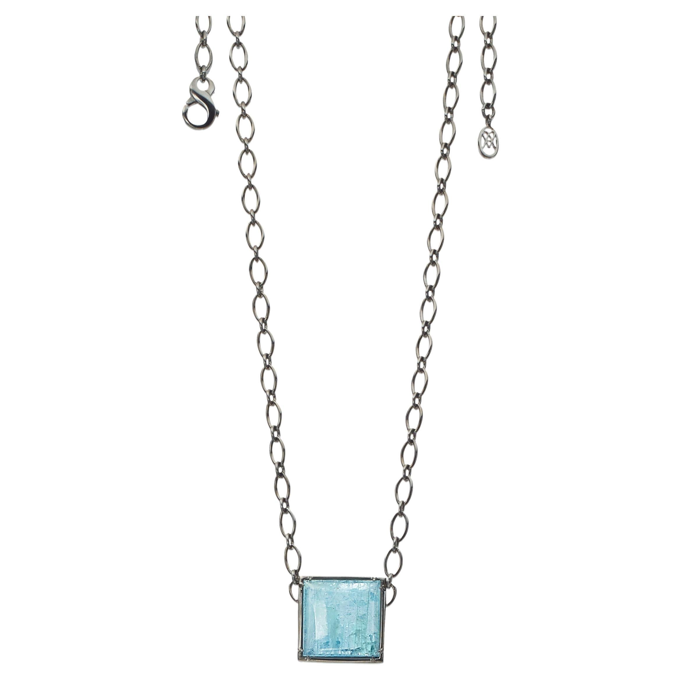 Sterling Silver Pendant Necklace with Square Aquamarine Cabochon