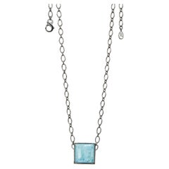 Used Sterling Silver Pendant Necklace with Square Aquamarine Cabochon