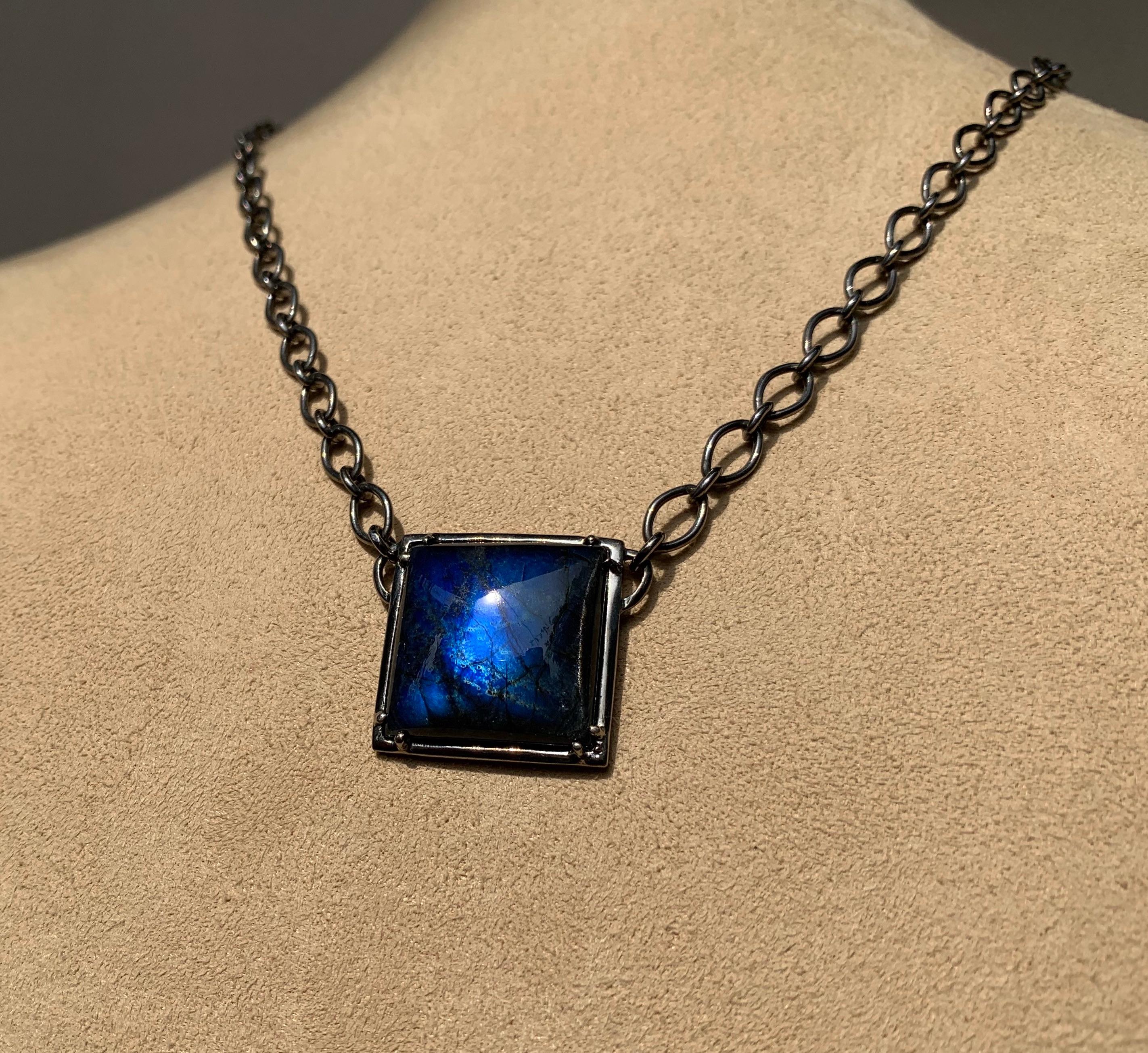 Sterling Silver Pendant Necklace with Square Labradorite w/ Hematite Cabochon In New Condition For Sale In Weehawken, NJ
