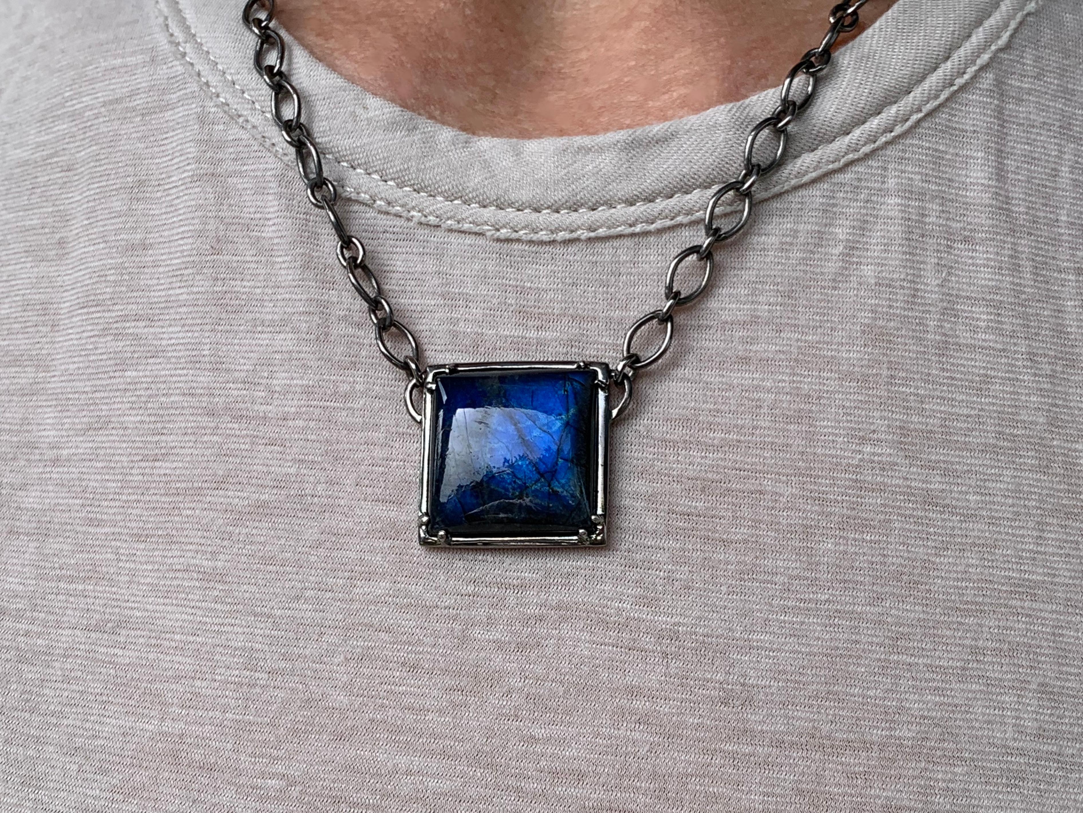 Women's Sterling Silver Pendant Necklace with Square Labradorite w/ Hematite Cabochon For Sale