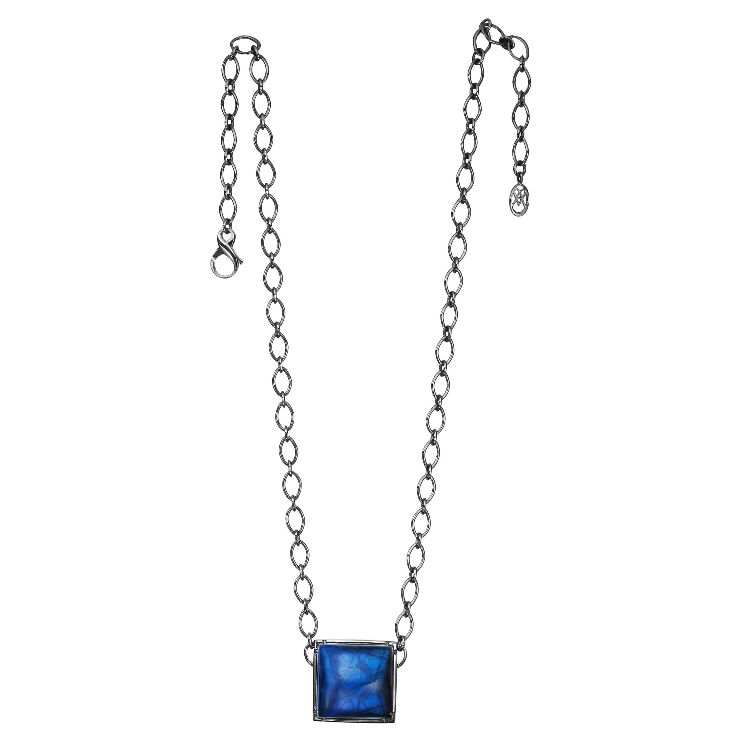 Sterling Silver Pendant Necklace with Square Labradorite w/ Hematite Cabochon For Sale