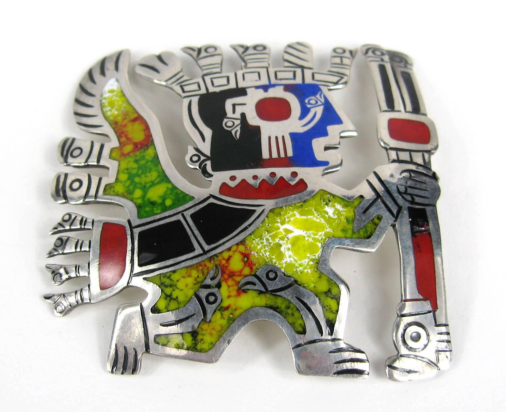 Sterling Silver Pendant Vintage  Enamel Peru Peruvian Pendant  In Good Condition For Sale In Wallkill, NY