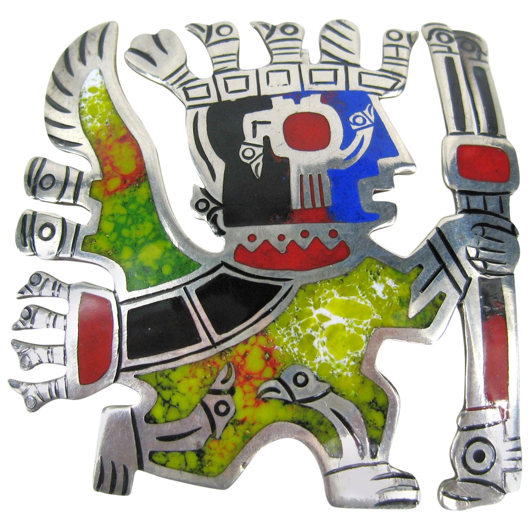 Sterling Silver Pendant Vintage  Enamel Peru Peruvian Pendant  For Sale