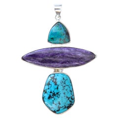 Contemporary Sterling Silver Pendant with Chrysocolla,  Charoite and Turquoise
