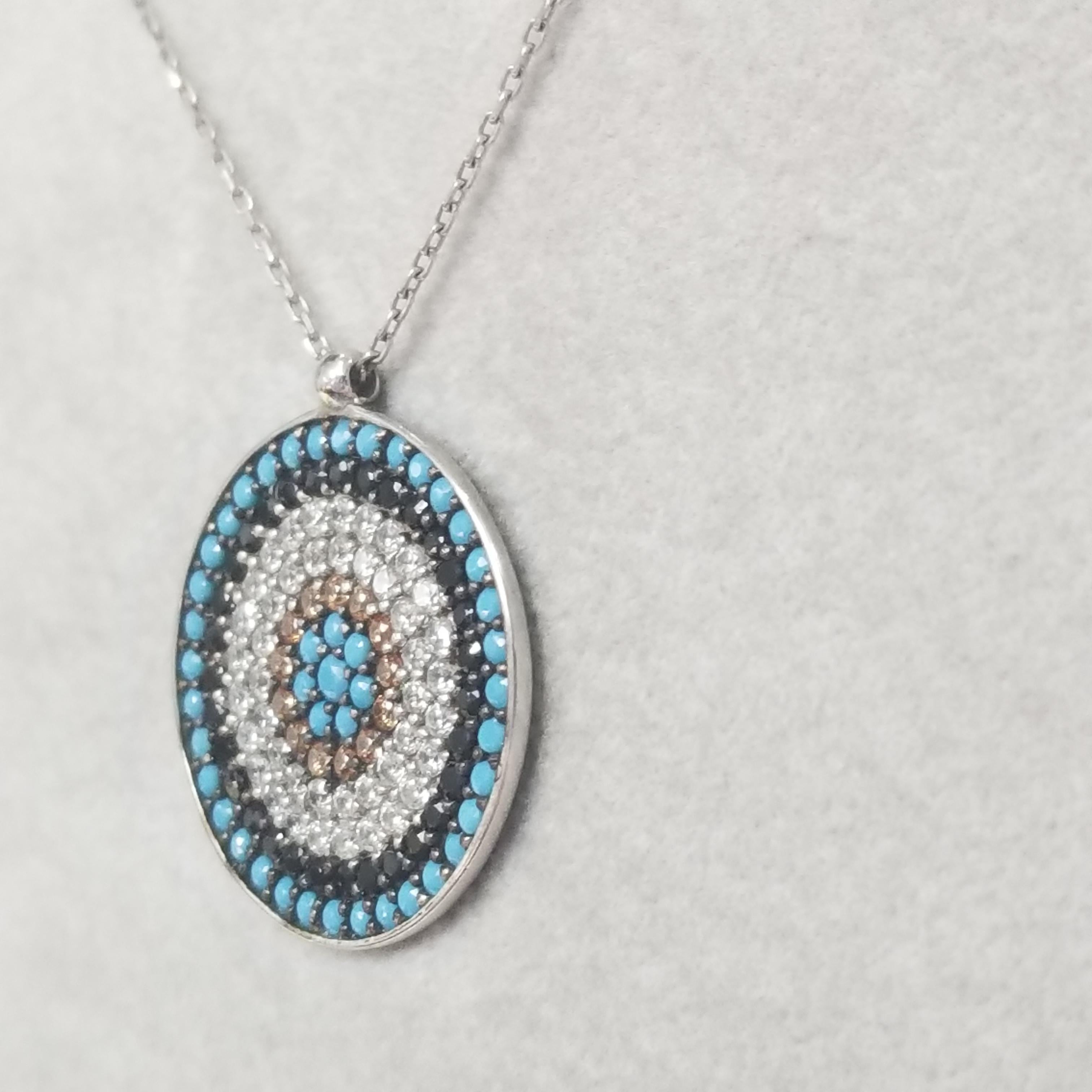 Modern Sterling Silver Pendant with Turquoise and Cubic