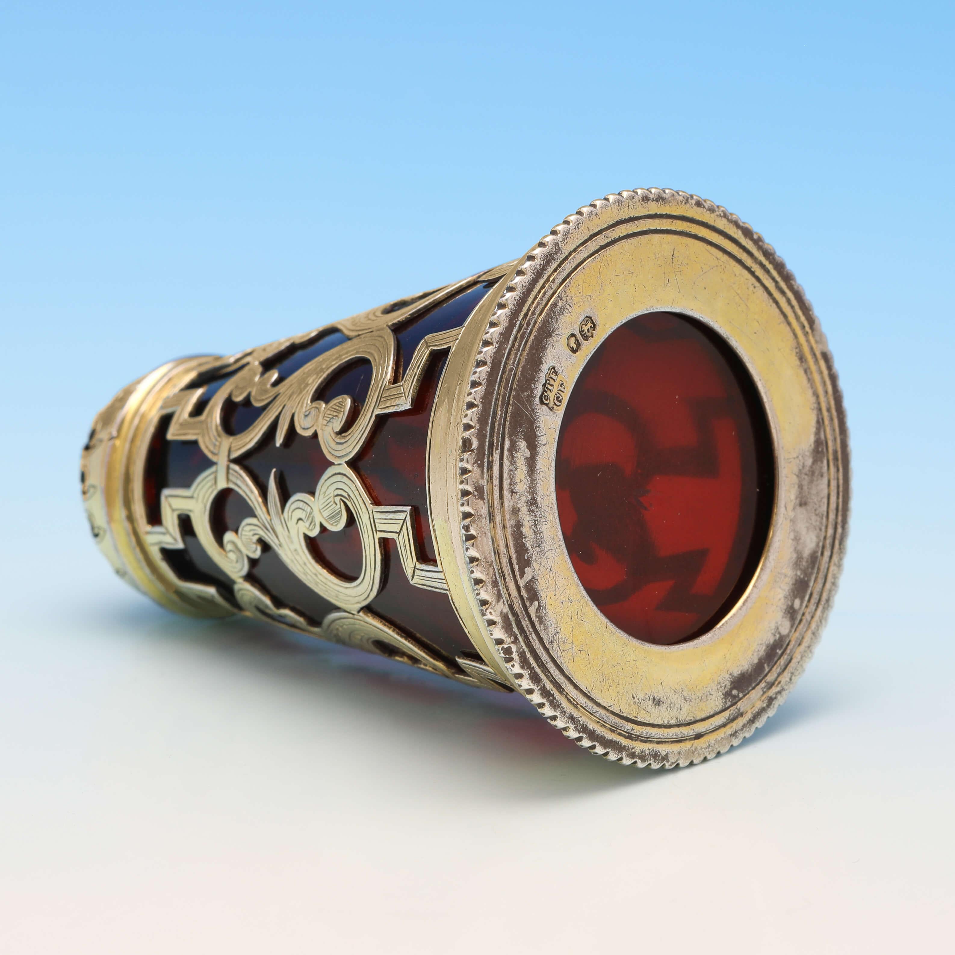 English Charles & George Fox, Victorian Silver Gilt Pepper Shaker, Ruby Glass, 1850 For Sale