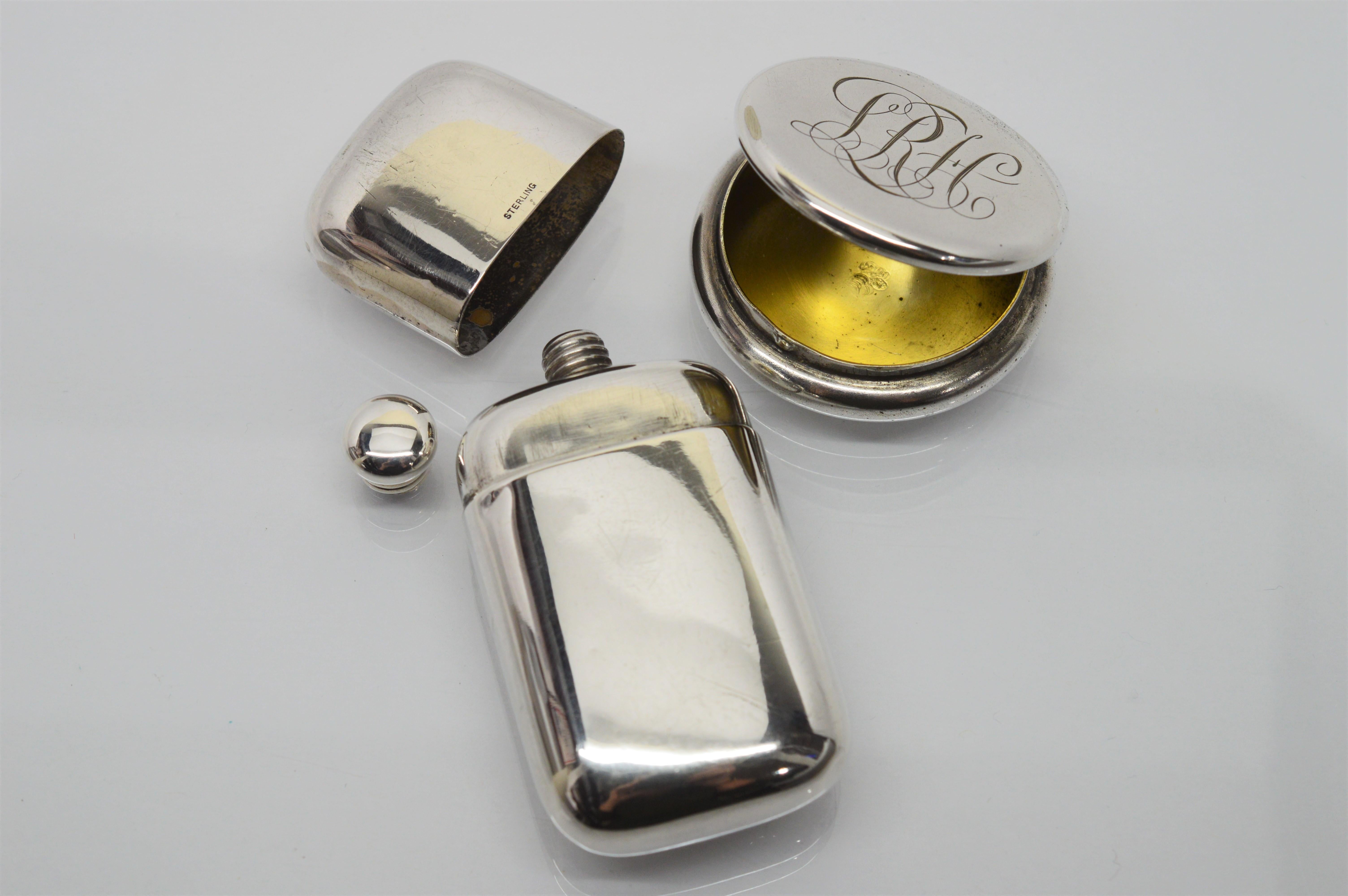 Sterling Silver Perfume Bottle with Sterling Silver Round Pill Box For Sale 4