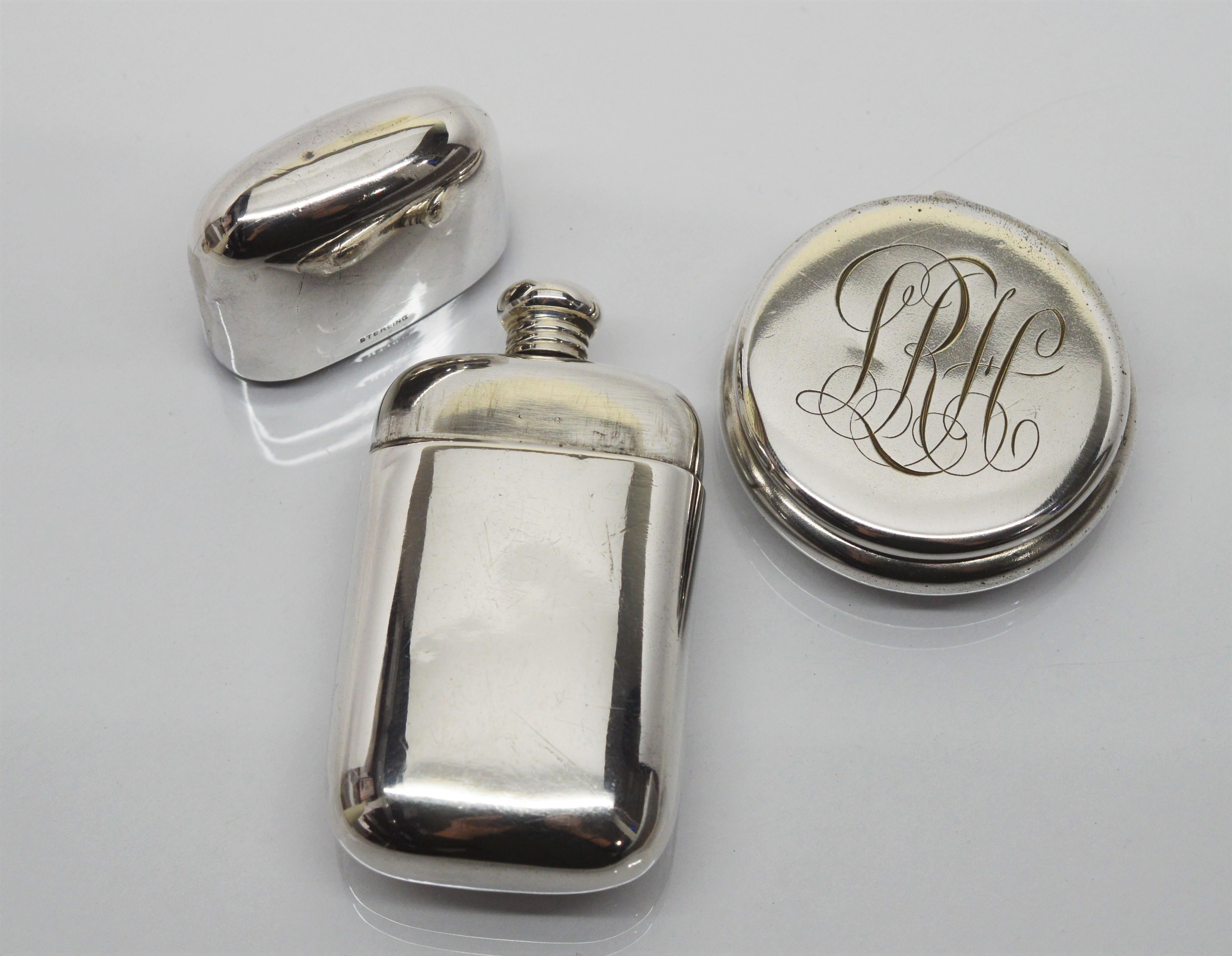 Sterling Silver Perfume Bottle with Sterling Silver Round Pill Box For Sale 5