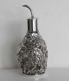 Edwardian Perfume or Scent Bottle Sterling Silver Filigree over Glass, Ca 1900
