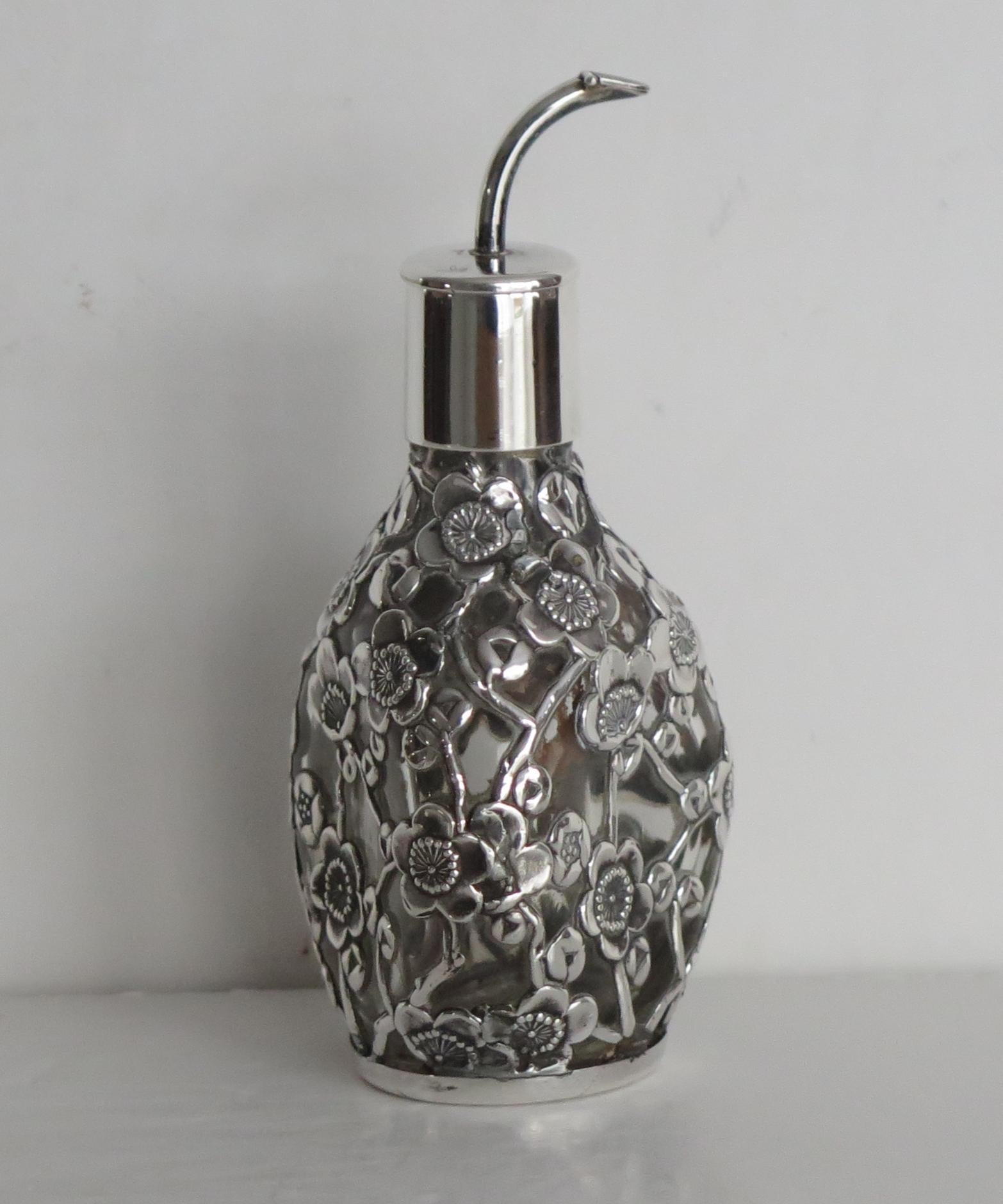 Hand-Crafted Edwardian Perfume or Scent Bottle Sterling Silver Filigree over Glass, Ca 1900