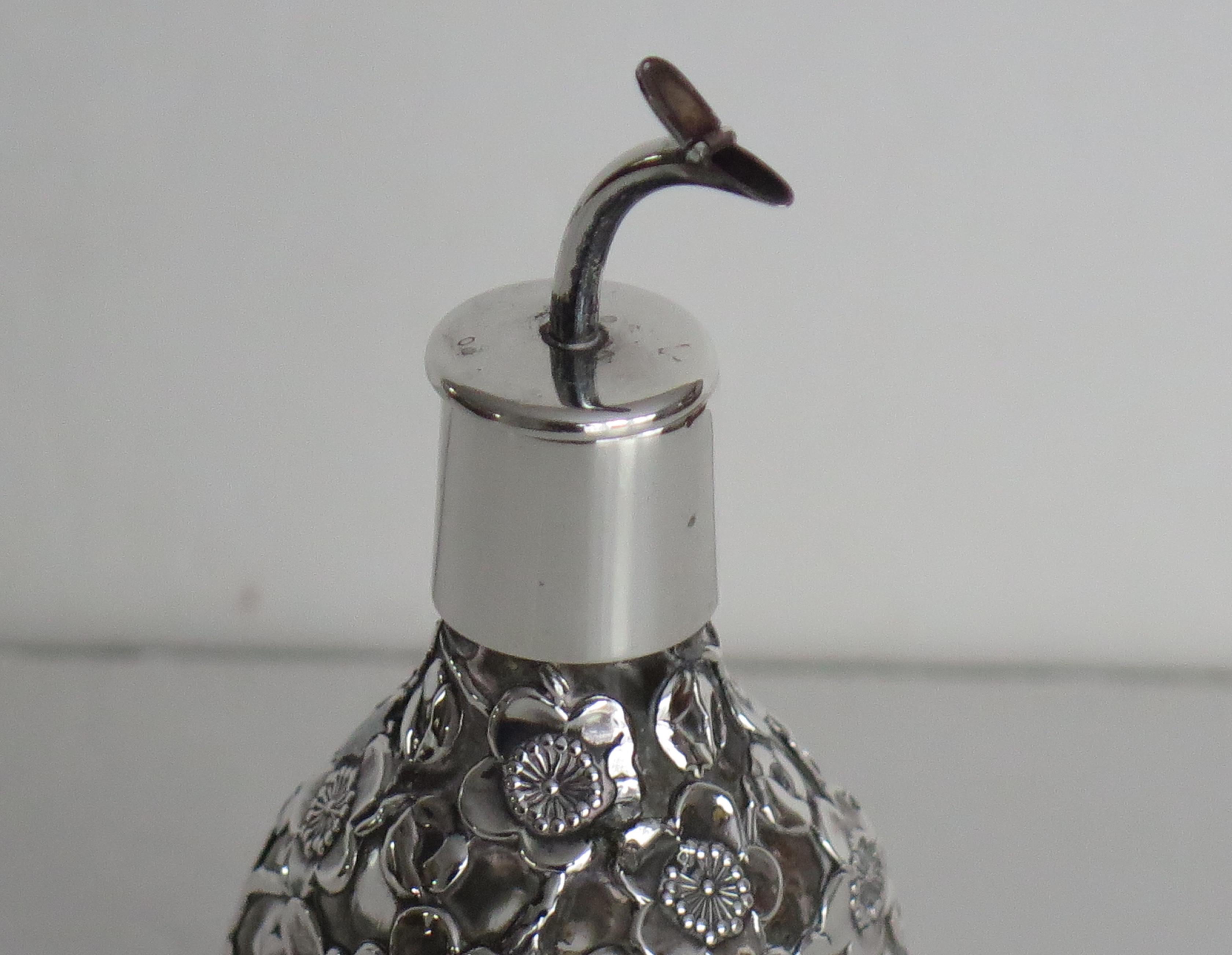 Edwardian Perfume or Scent Bottle Sterling Silver Filigree over Glass, Ca 1900 1