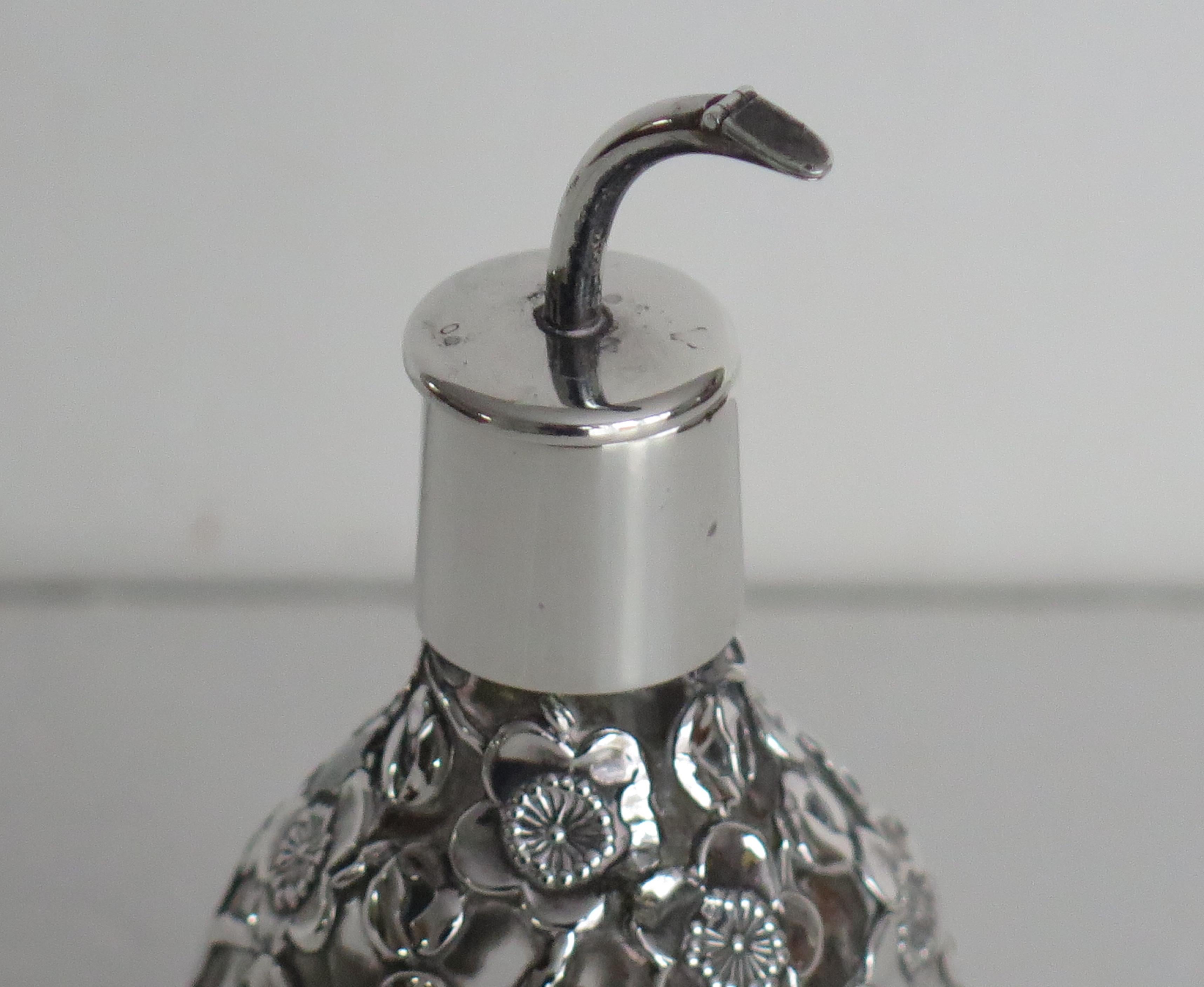 Edwardian Perfume or Scent Bottle Sterling Silver Filigree over Glass, Ca 1900 2