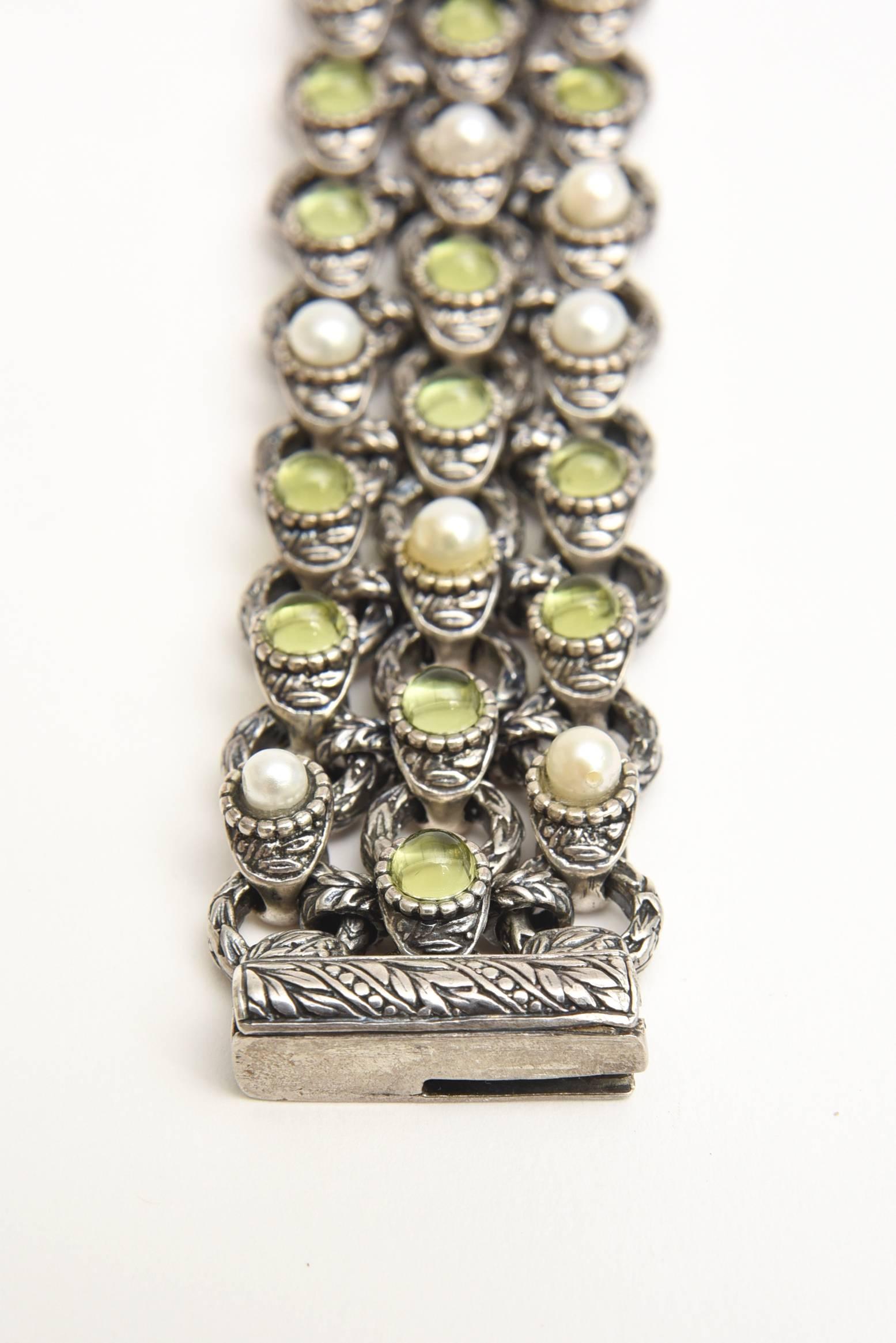 Artisan Peridot, Pearl and Sterling Silver 3 Row Custom Jeweler Designed Cuff Bracelet  For Sale