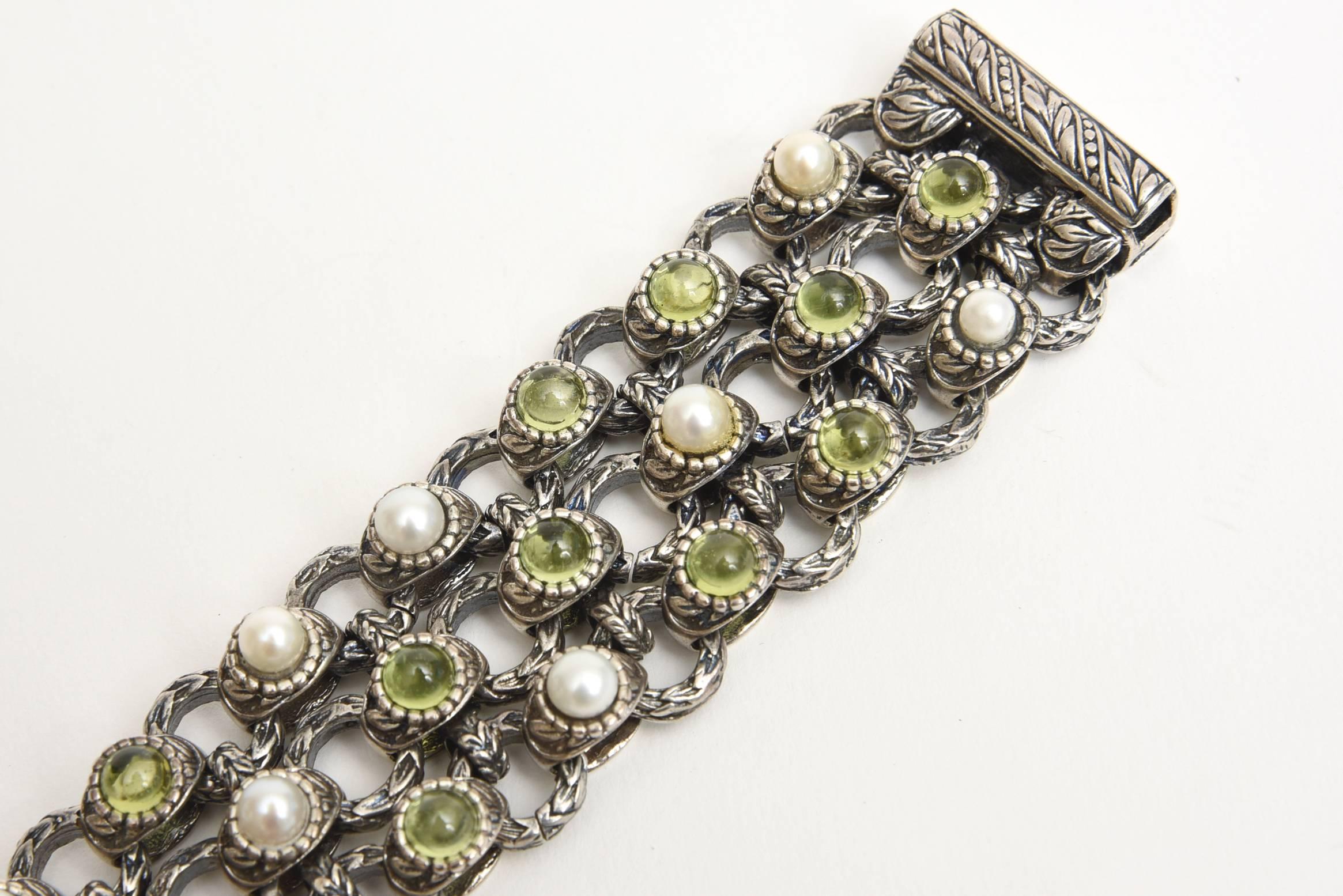 Ball Cut Peridot, Pearl and Sterling Silver 3 Row Custom Jeweler Designed Cuff Bracelet  For Sale