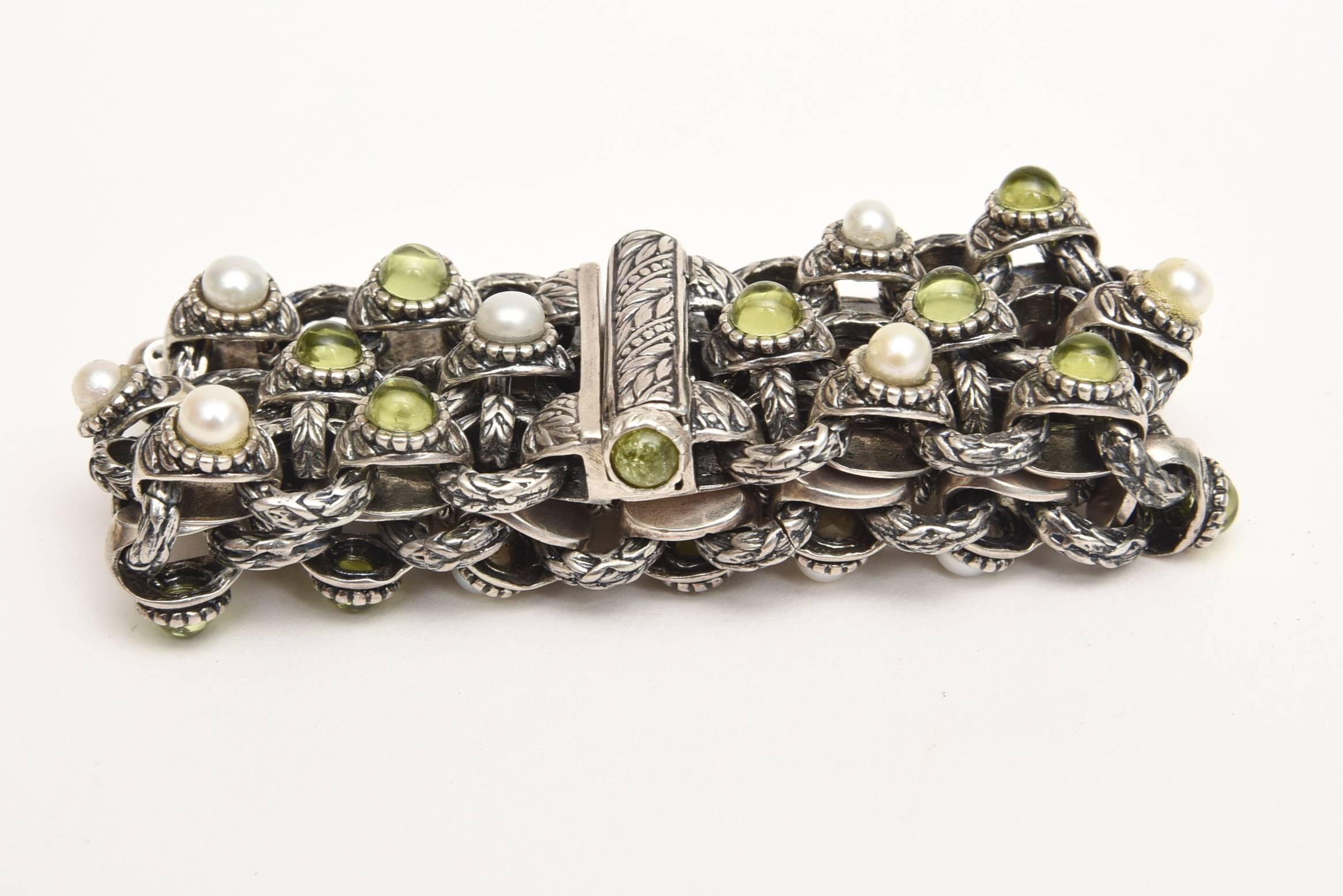 Women's Peridot, Pearl and Sterling Silver 3 Row Custom Jeweler Designed Cuff Bracelet  For Sale