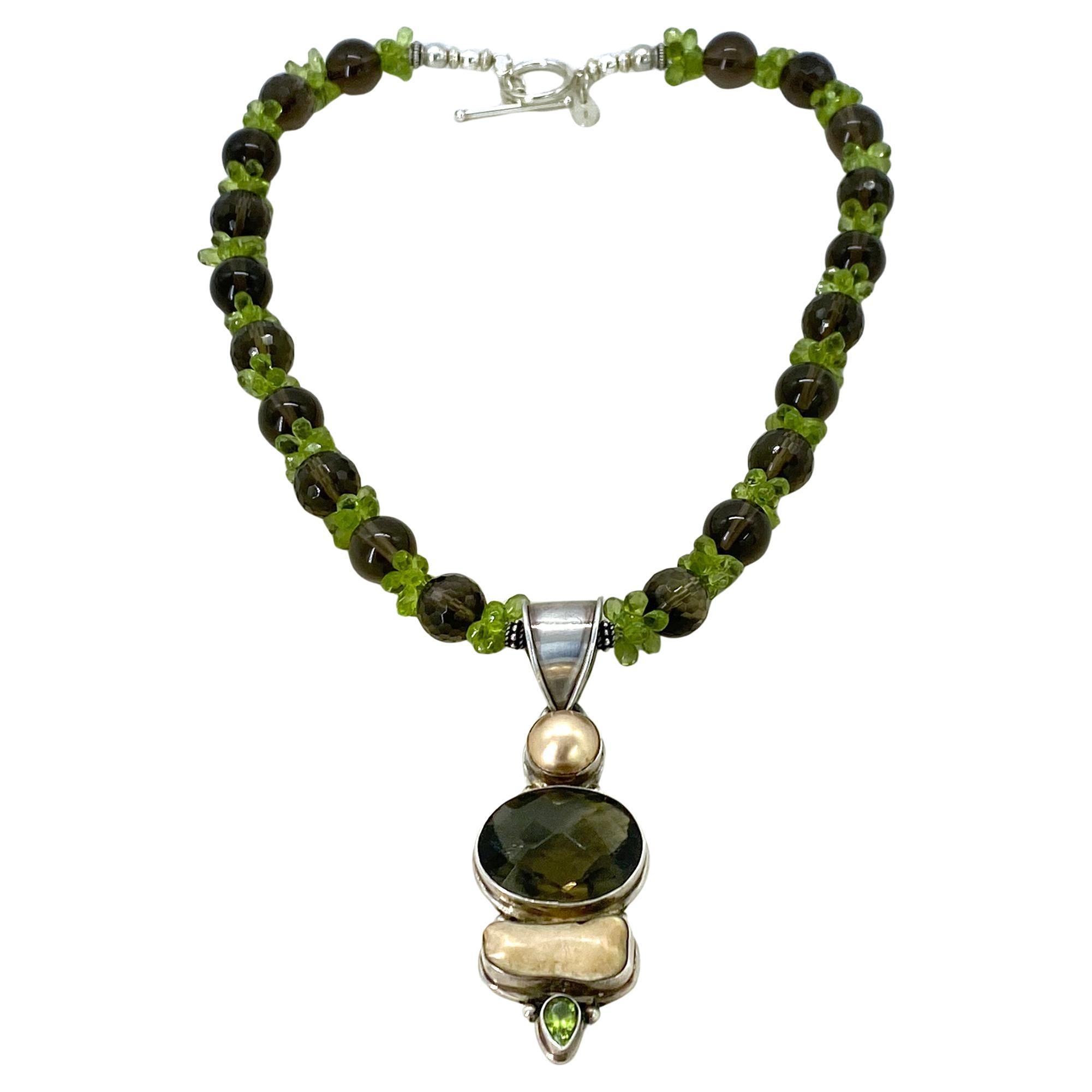 Sterling Silver Peridot and Smoky Quartz with Vintage Pendant Necklace, 18" For Sale