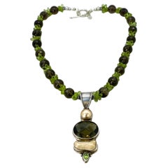 Sterling Silver Peridot and Smoky Quartz with Vintage Pendant Necklace, 18"