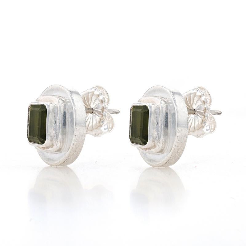 Sterling Silver Peridot Large Stud Earrings - 925 Emerald Cut 3.40ctw Pierced In Excellent Condition For Sale In Greensboro, NC