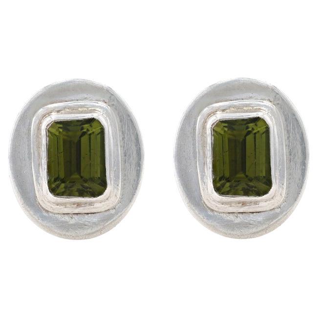Sterling Silver Peridot Large Stud Earrings - 925 Emerald Cut 3.40ctw Pierced