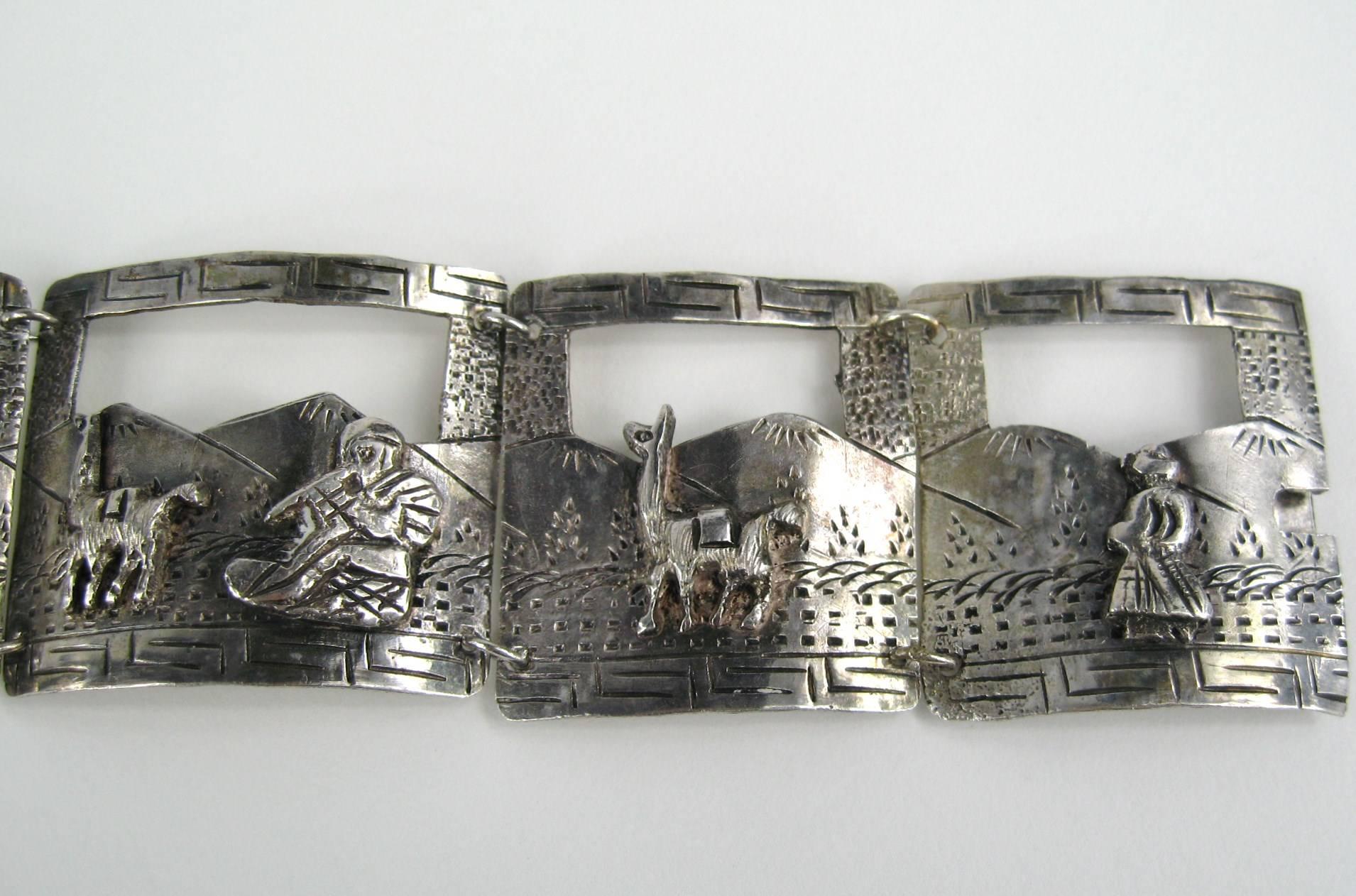 Bracelet 3D en argent sterling avec panneaux péruviens du Pérou en relief  en vente 1