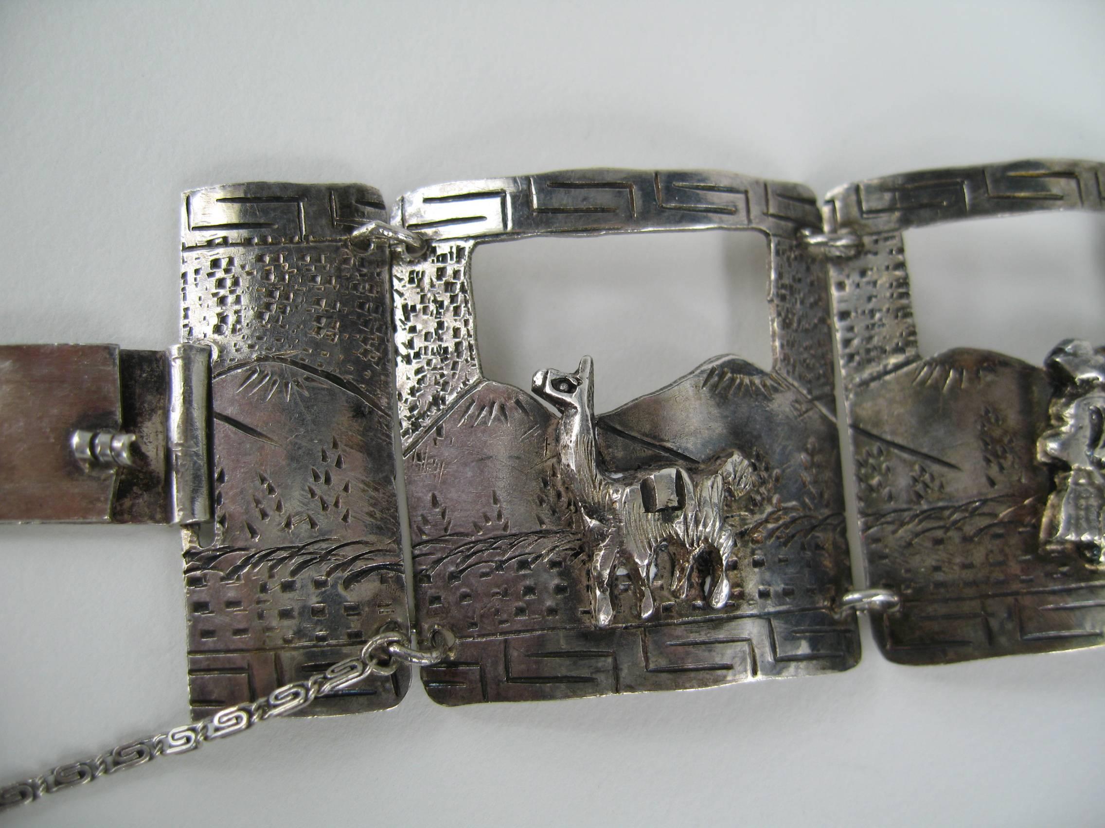 Sterling Silver Peruvian Peru Panel 3-D Bracelet  In Good Condition For Sale In Wallkill, NY