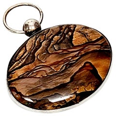 Vintage Sterling Silver Petrified Wood Oval Pendant Fob
