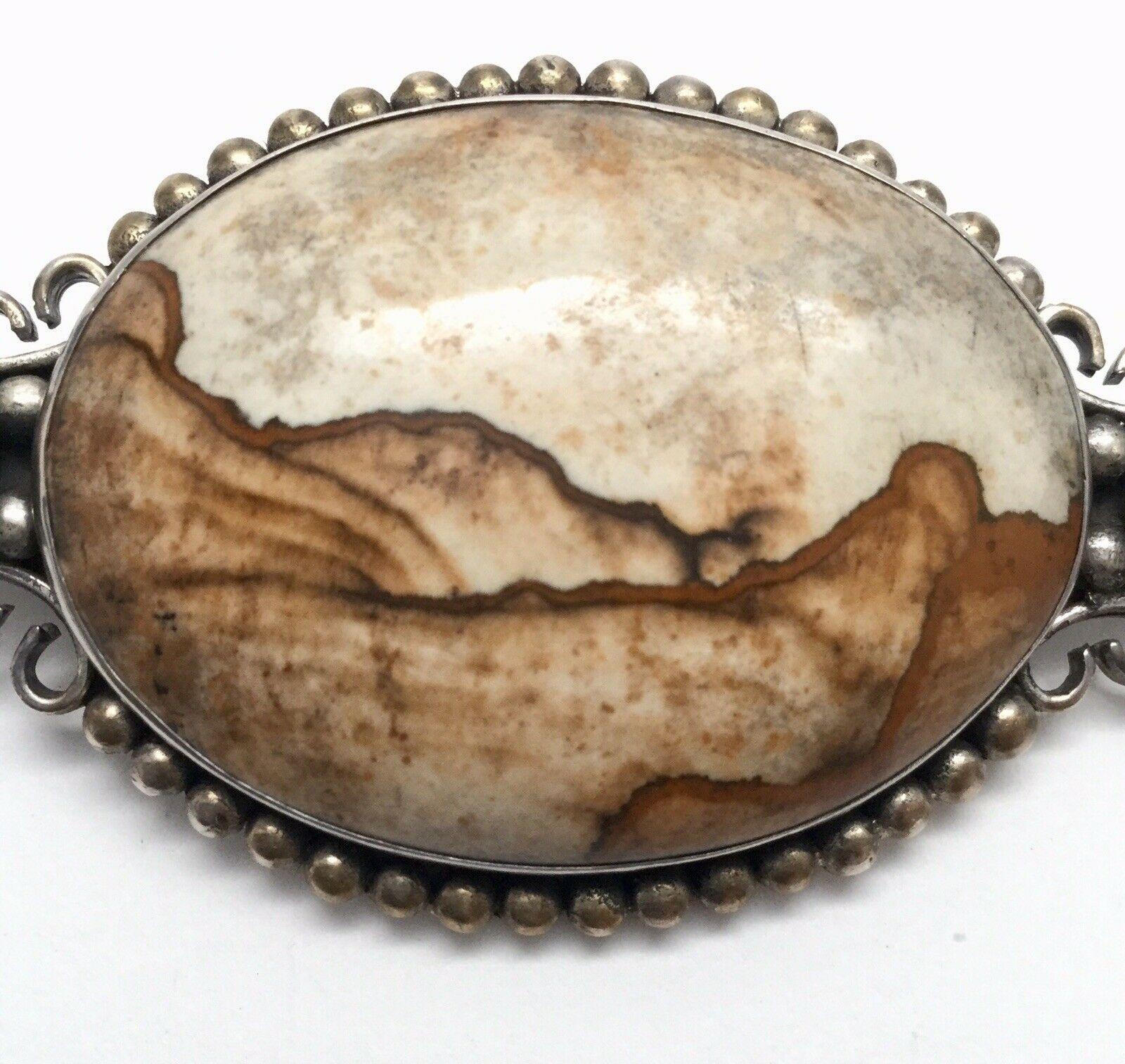 Sterling Silver Picture / Landscape Jasper Petrified Wood Pendant Pin In Good Condition In Washington Depot, CT