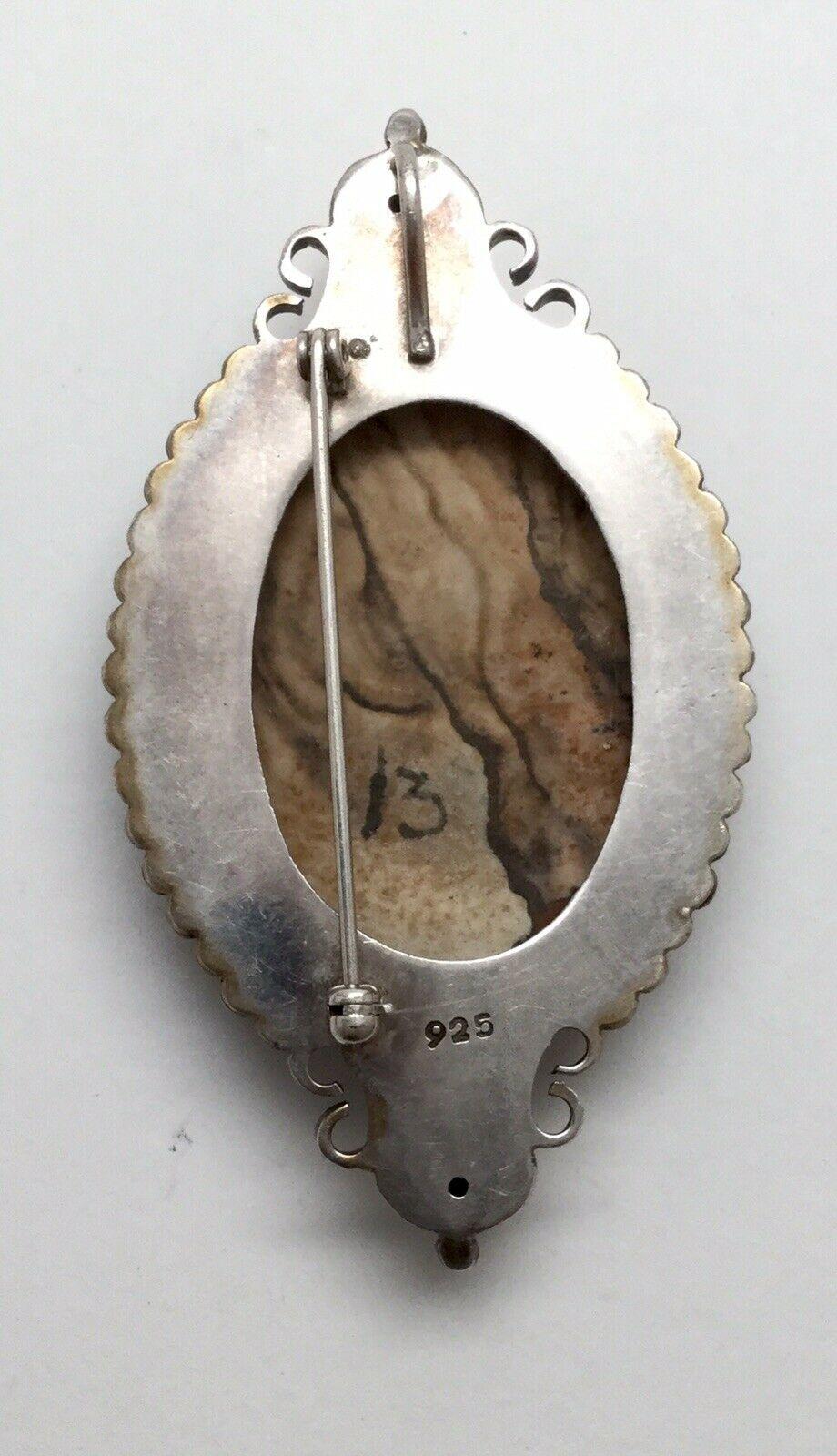 Women's Sterling Silver Picture / Landscape Jasper Petrified Wood Pendant Pin