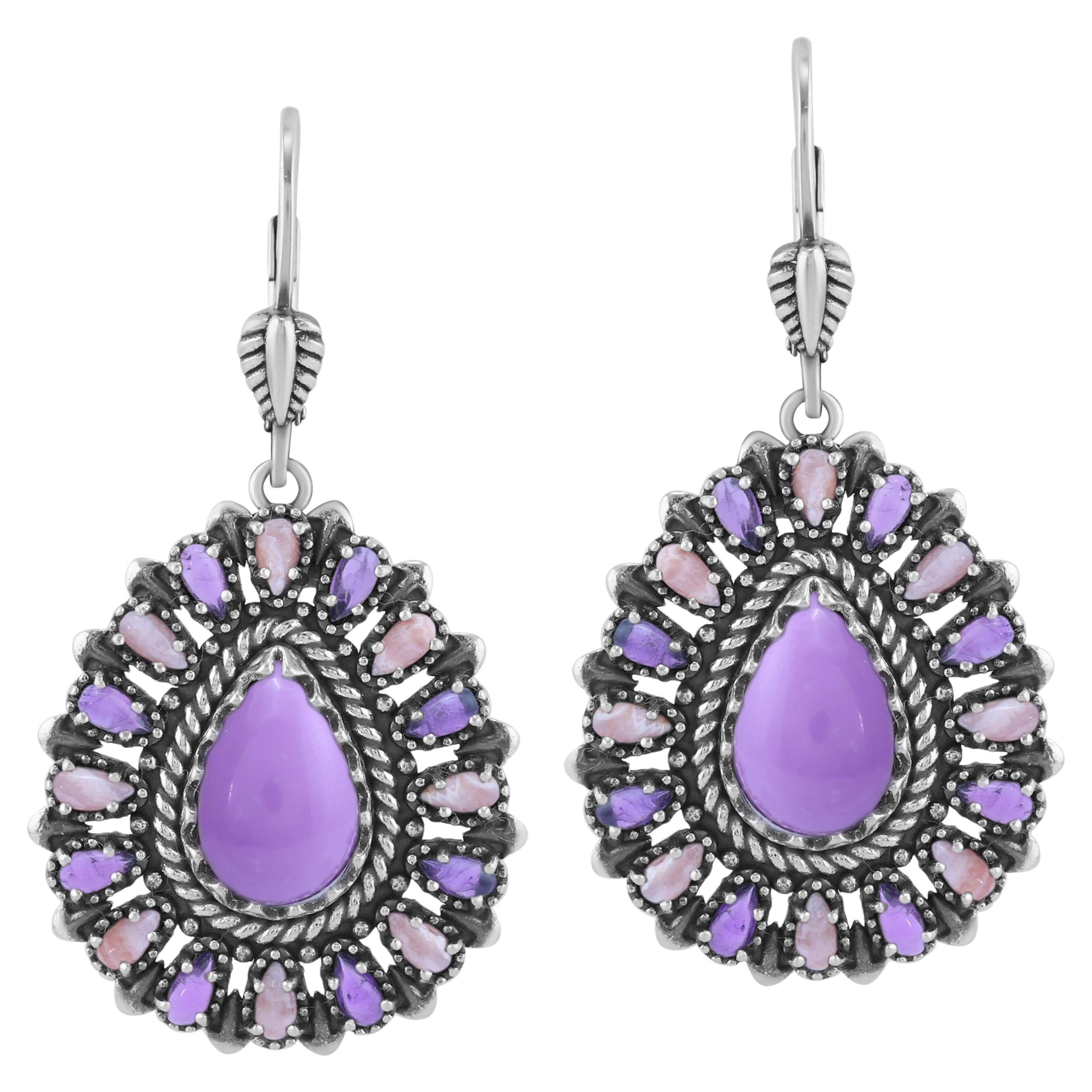 Sterling Silver Phosphosiderite, Rhodochrosite, and Amethyst Dangle Earrings