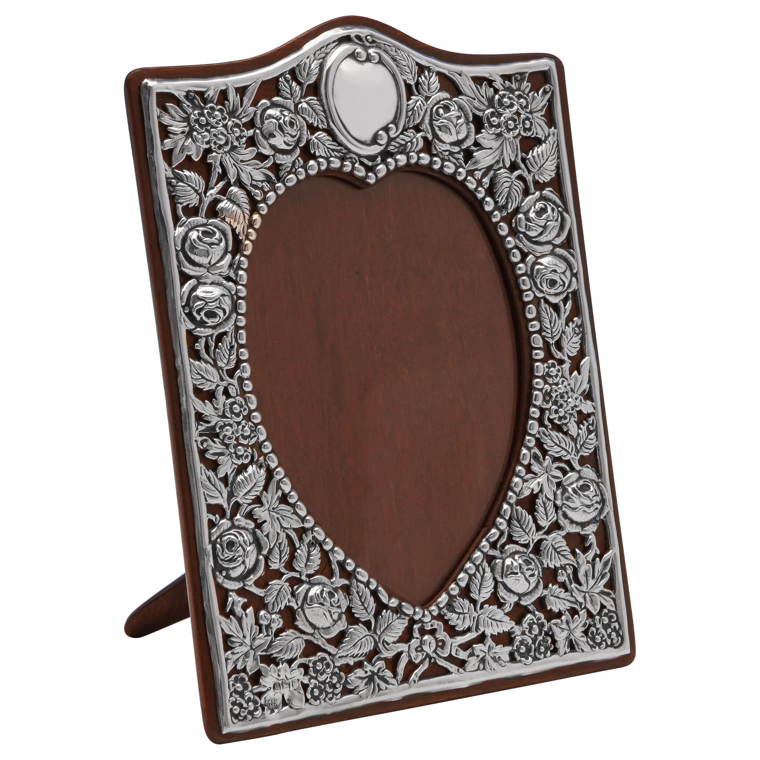 Heart Shaped Art Nouveau Antique Sterling Silver Photograph Frame from 1902