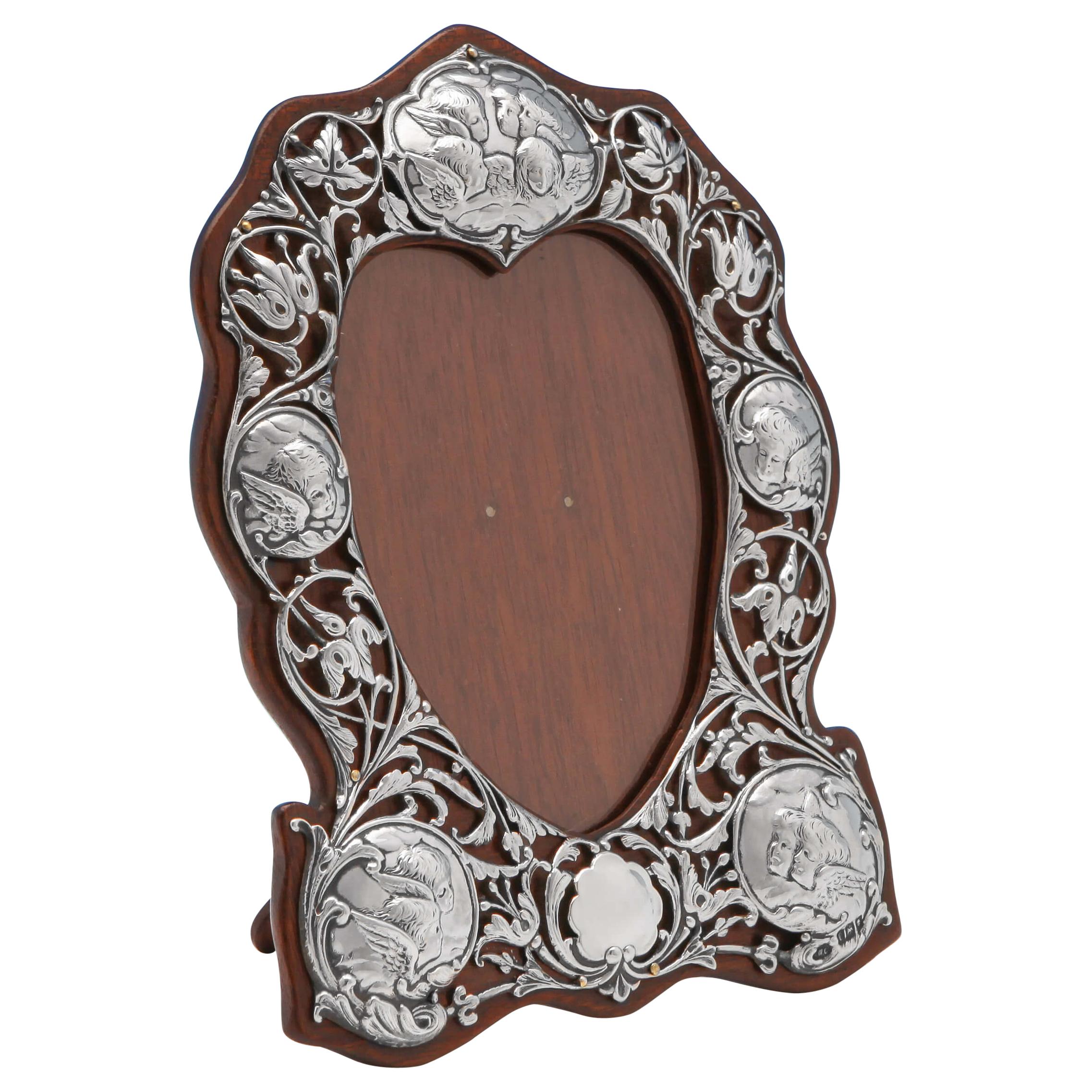 Heart Shaped Art Nouveau Antique Sterling Silver Photograph Frame from 1901