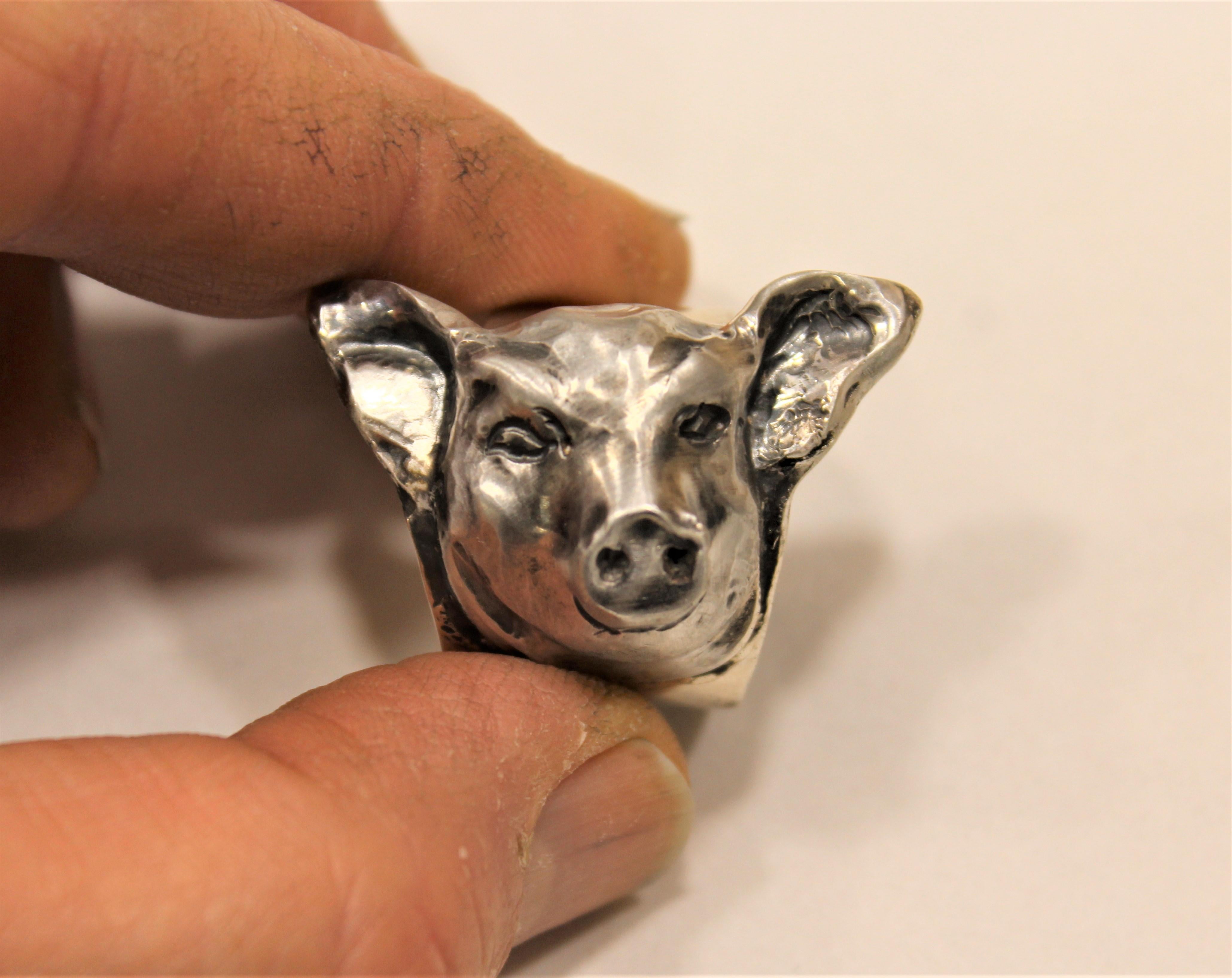 Modern Sterling Silver, Piggy Ring, Handcrafted, Italy For Sale