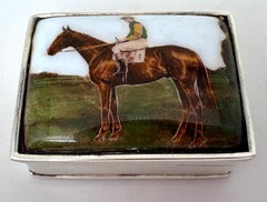 Sterling Silver Pill Box Equestrian Enamel Scene, in the English Style, 20th C.